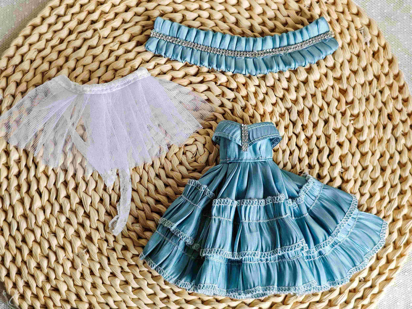 Blue Satin Off-Shoulder Doll Dress Blythe Outfit | Handmade Doll Clothes for OB22 & OB24