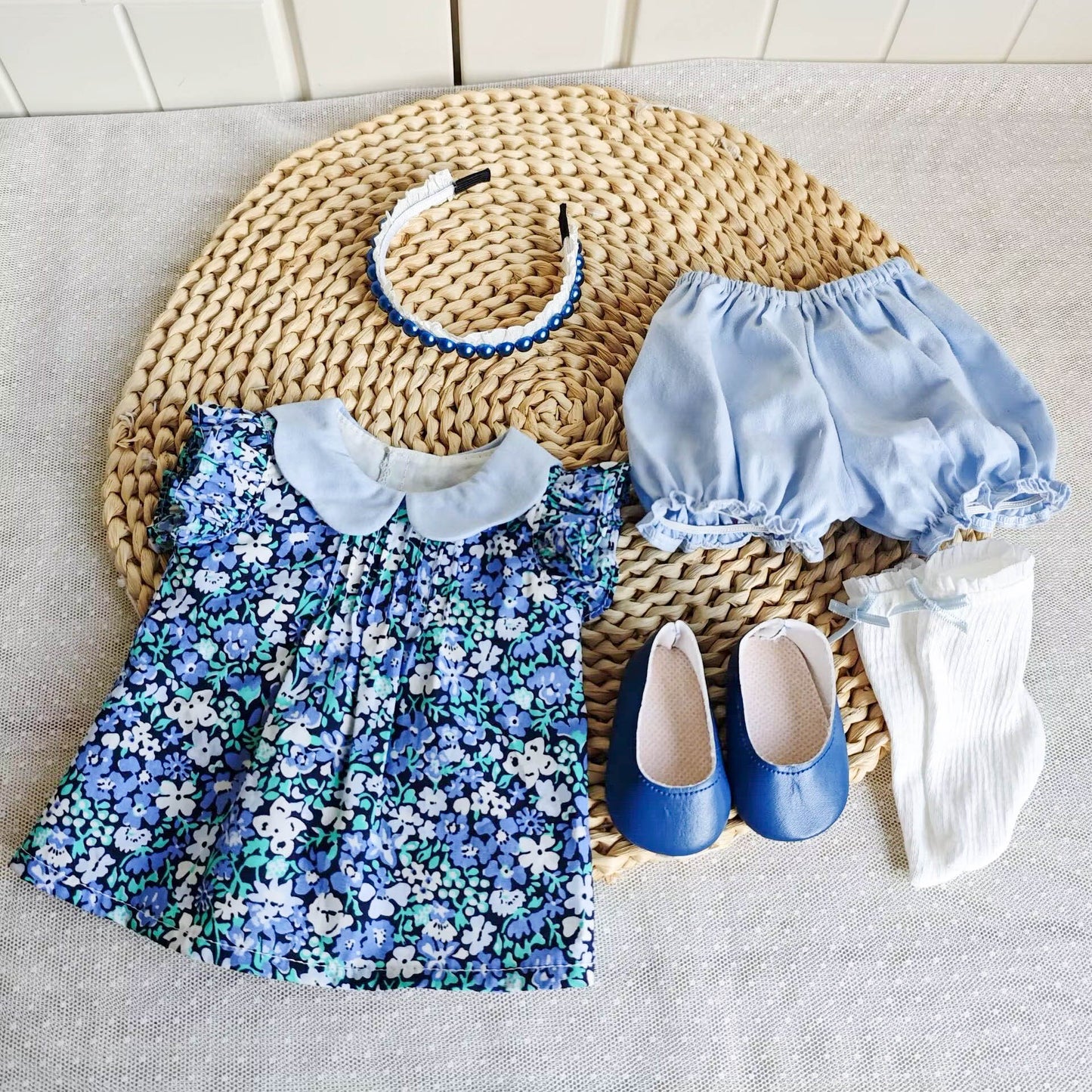Blue Floral Dress Set with Bow Headband for 18 Inch Dolls