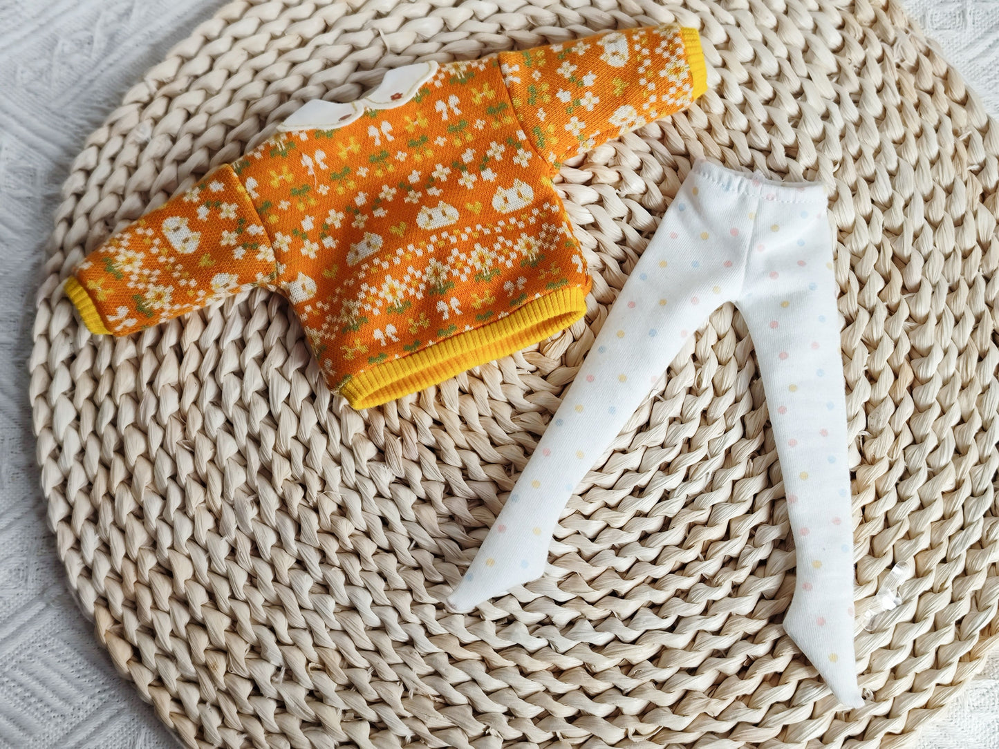 Cat Jacquard Knit Sweater and Polka Dot Tights Set for 1/6 BJD YoSD Dolls, Handmade Peter Pan Collar Doll Outfit