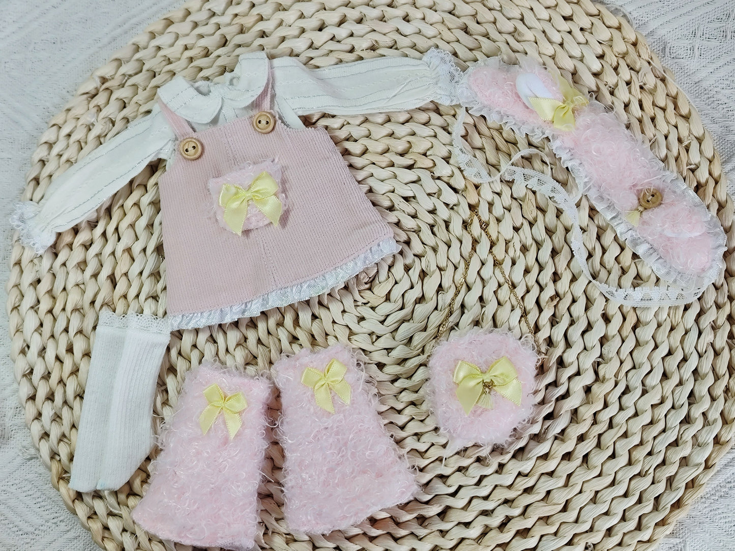 Coquette Fluffy Corduroy Pinafore and Wide Leg Pants Set for 1/6 BJD YoSD Dolls, Handmade Pink Bow Doll Outfit with Furry Headband