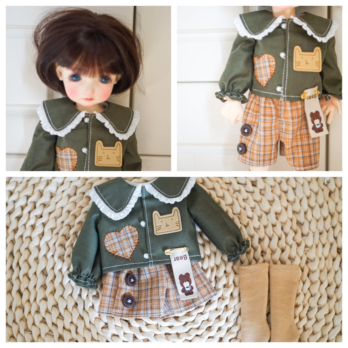 Styling collage of green cat patch shirt and plaid shorts set