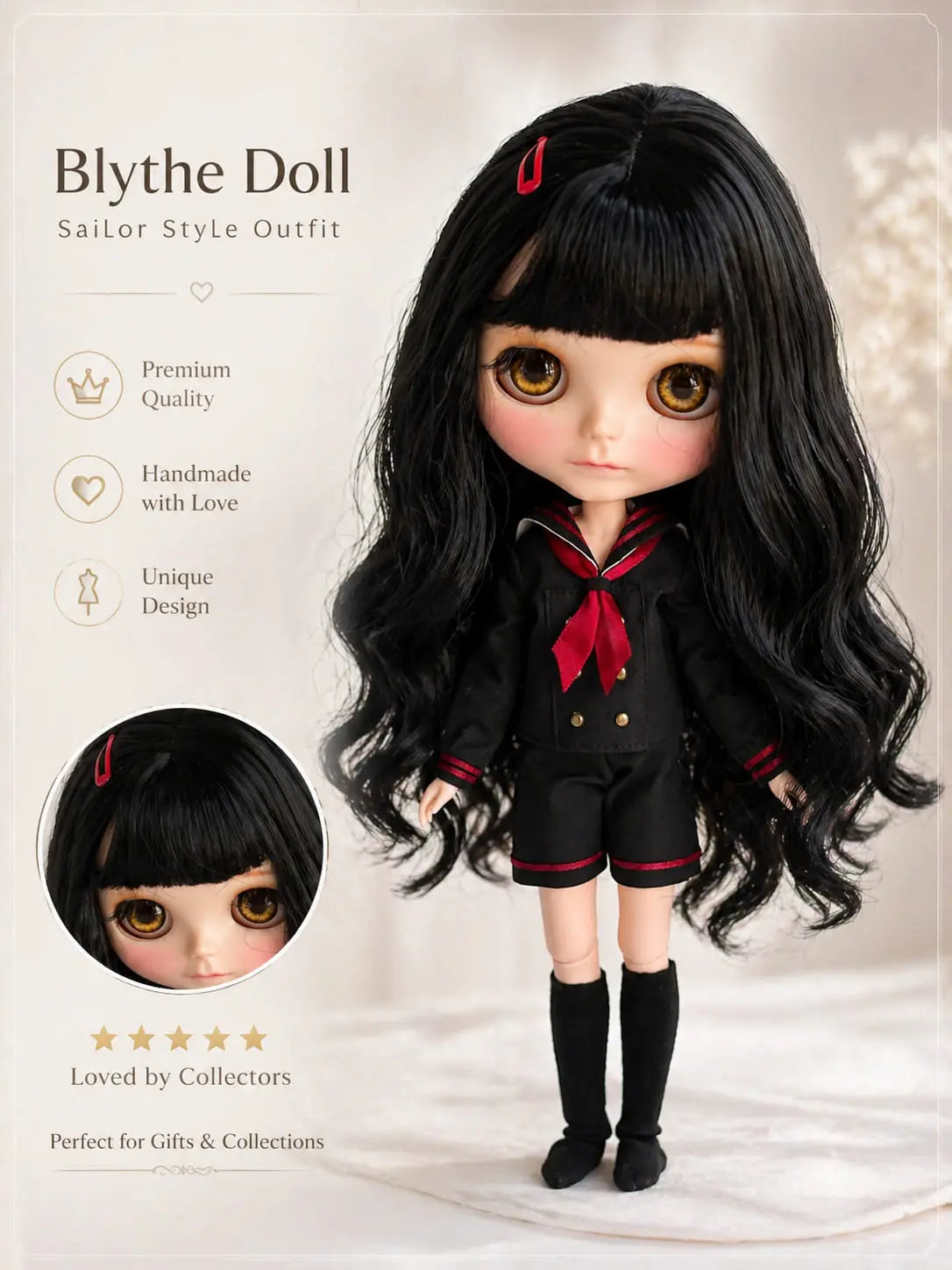 Handmade Gothic Black Sailor Uniform outfit for Neo Blythe and OB22/OB24 dolls.