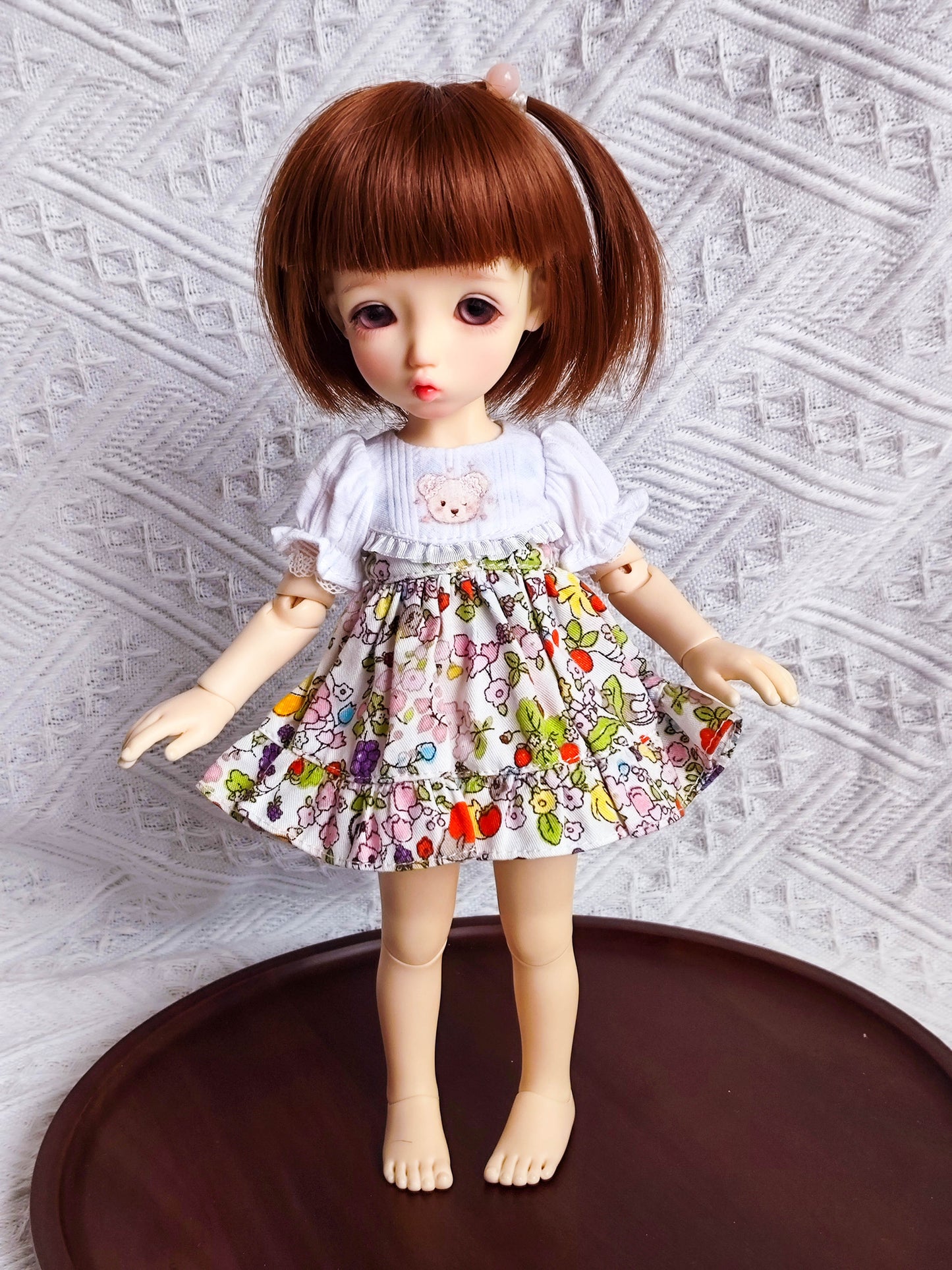 1/6 BJD YoSD doll clothes, handmade sweet bear embroidered Lolita dress, front view.
