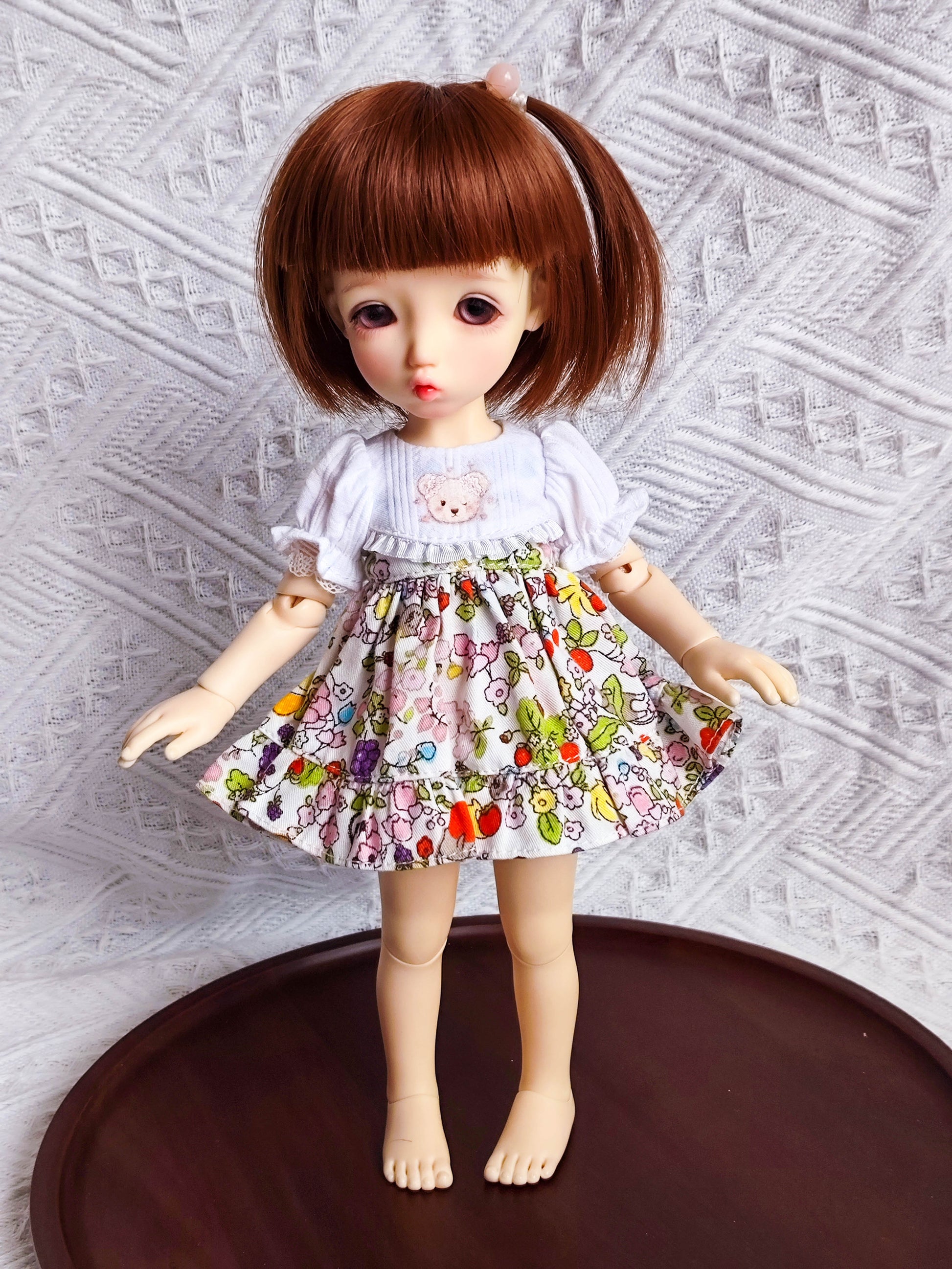 1/6 BJD YoSD doll clothes, handmade sweet bear embroidered Lolita dress, front view.
