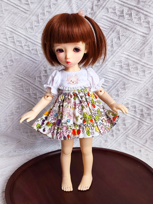 1/6 BJD YoSD doll clothes, handmade sweet bear embroidered Lolita dress, front view.