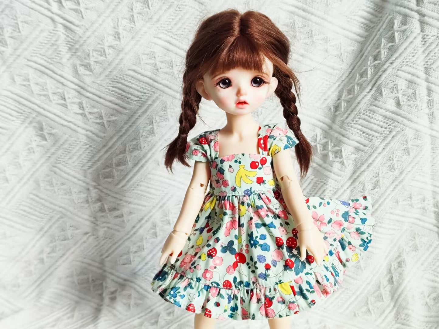 1/6 BJD YoSD doll clothes, handmade floral and fruit print summer dress, front view.