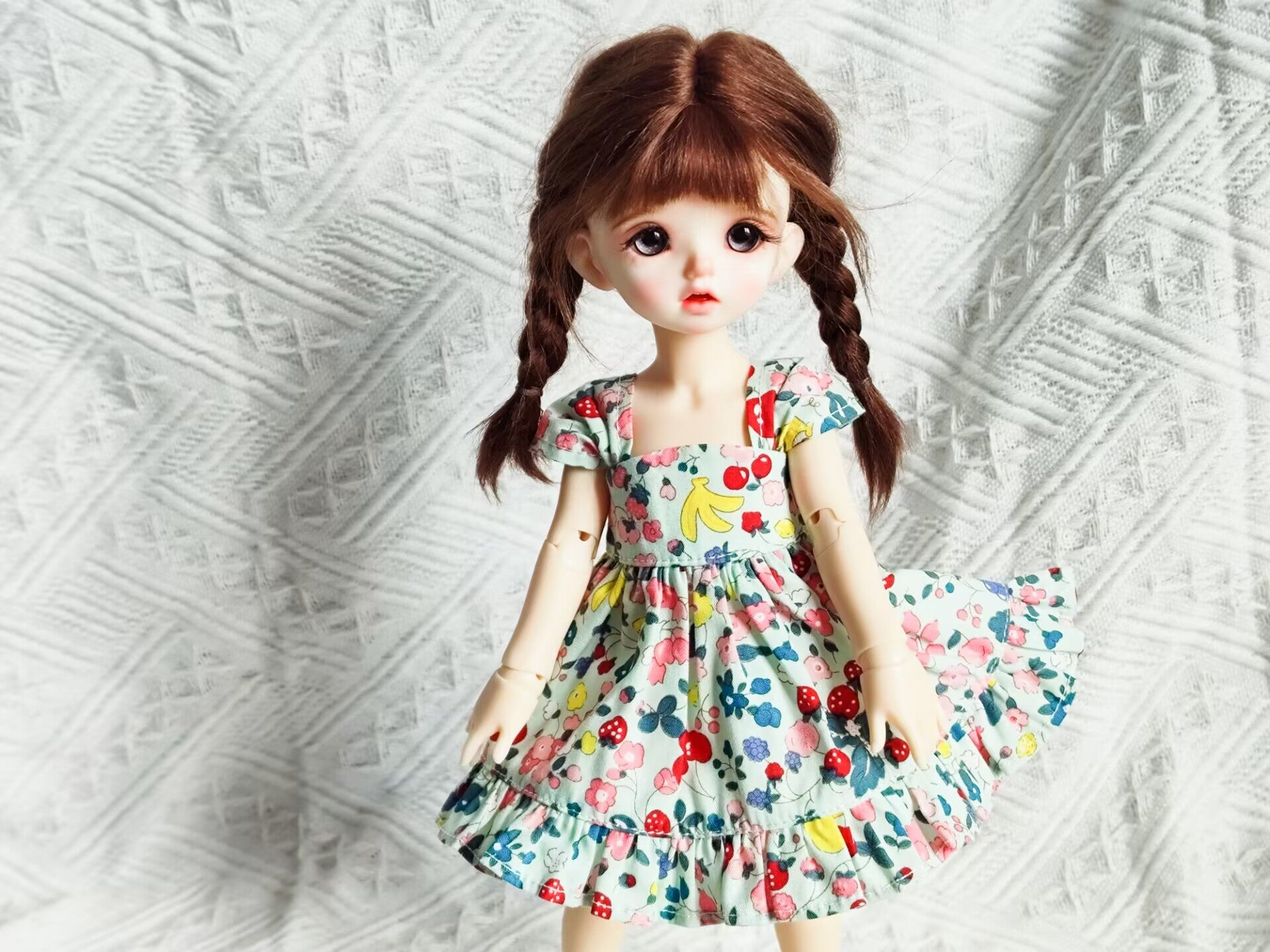 1/6 BJD YoSD doll clothes, handmade floral and fruit print summer dress, front view.