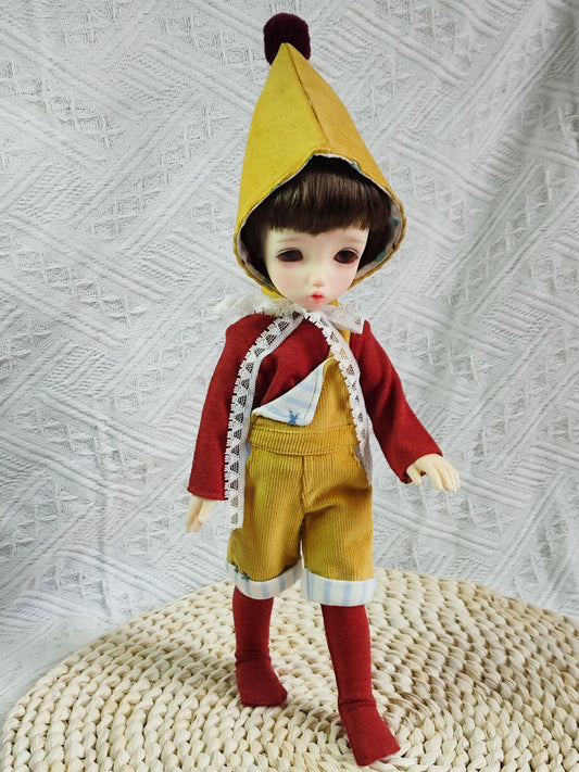 1/6 BJD YoSD doll clothes, handmade vintage gnome corduroy overalls set, full body view.