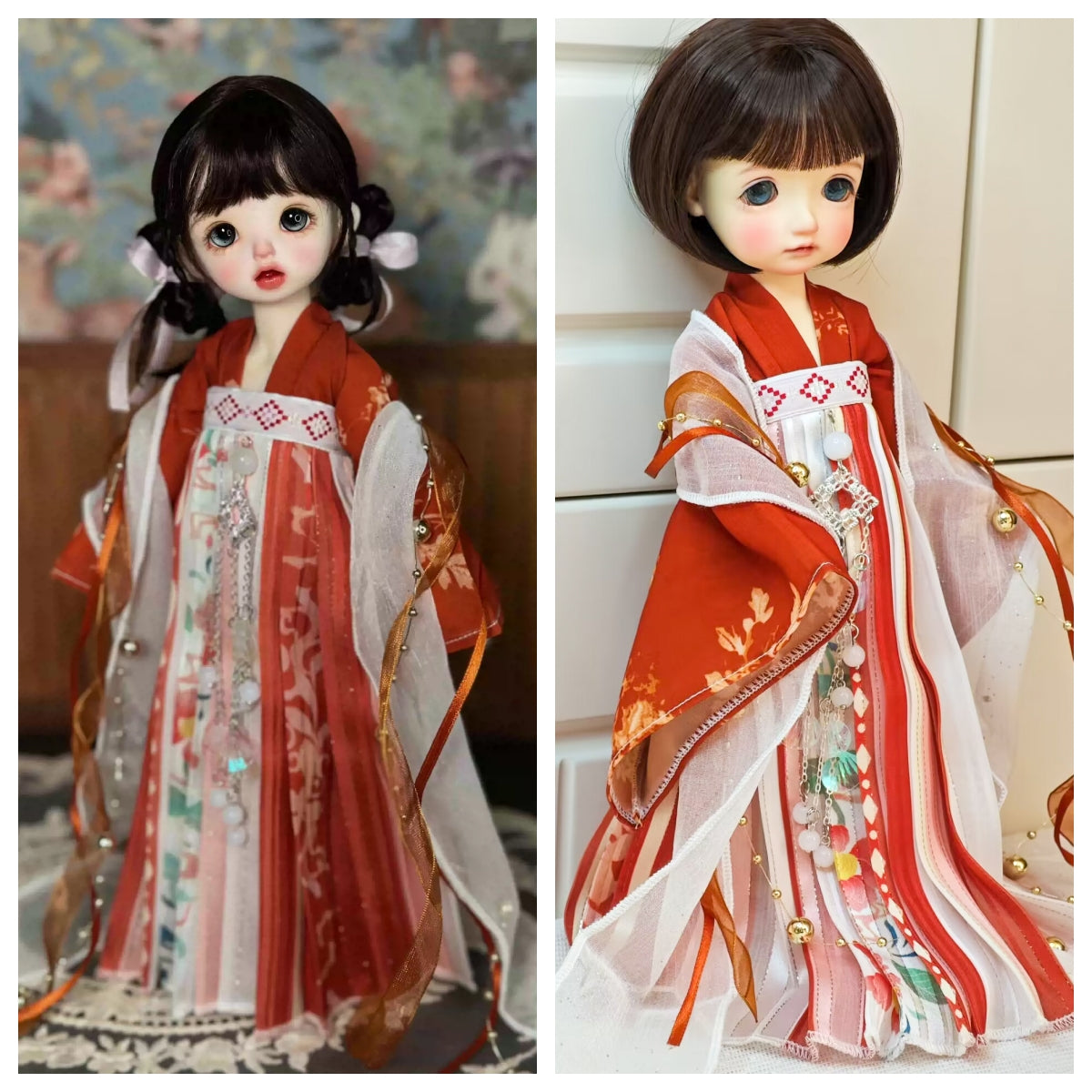 Detailed view of 1/6 BJD YoSD doll clothes, showcasing gold tassels and organza fabric textures.