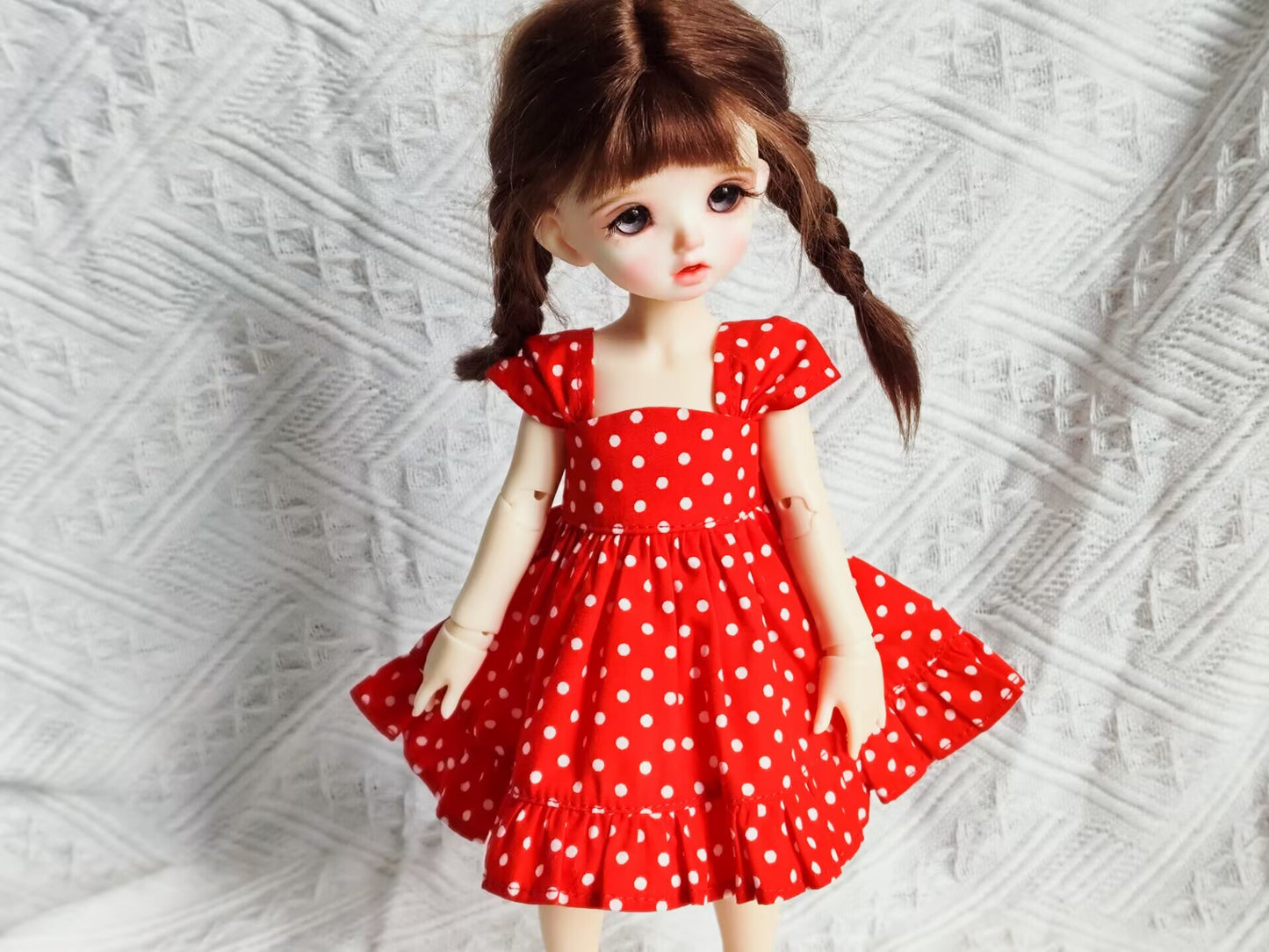 1/6 BJD YoSD doll clothes, handmade red polka dot princess dress, front view.