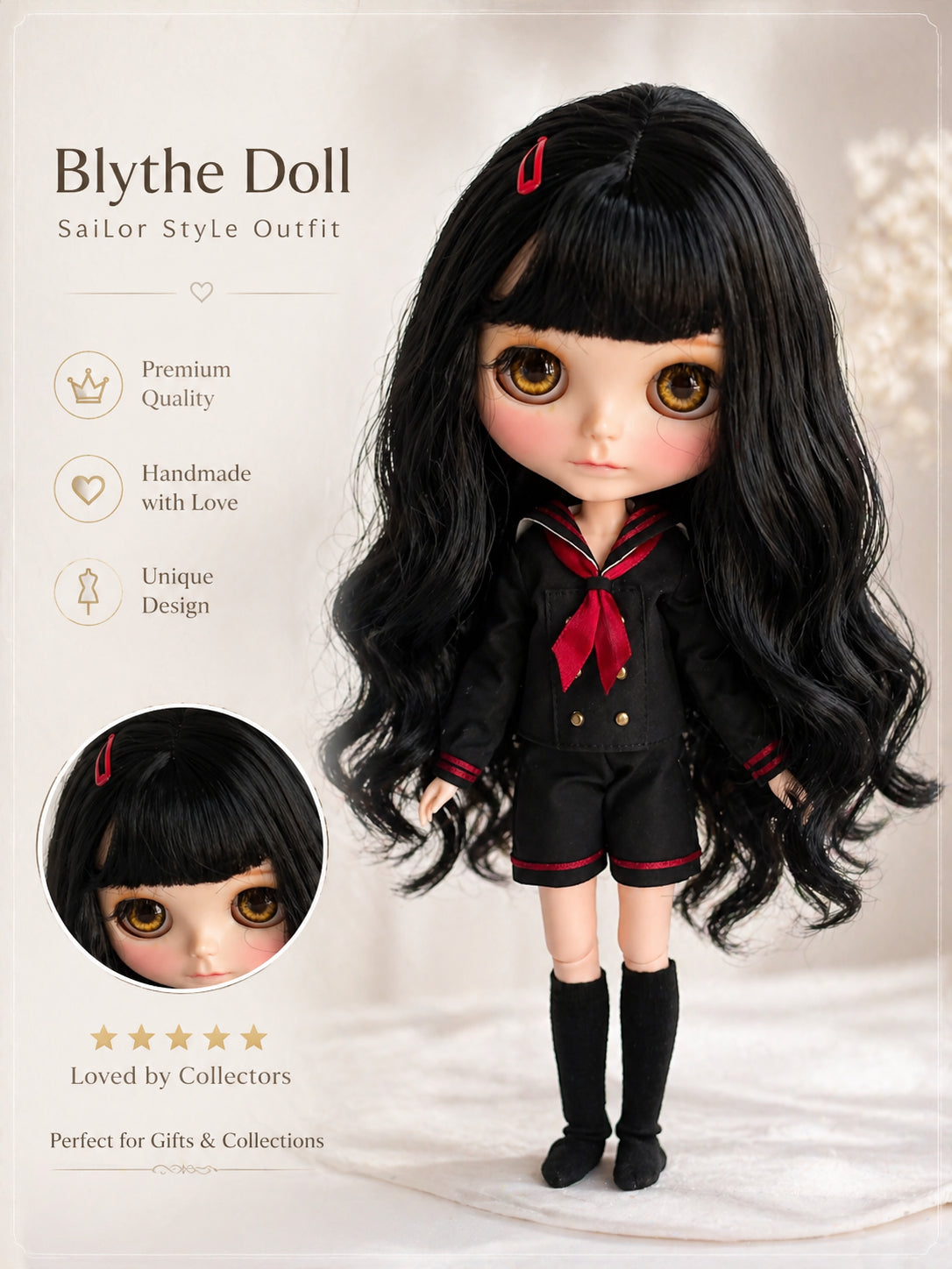 Japanese School Uniform for Blythe Obitsu22 Obitsu24, Handmade Black Sailor Collar Doll Outfit with Red Ribbon and Shorts