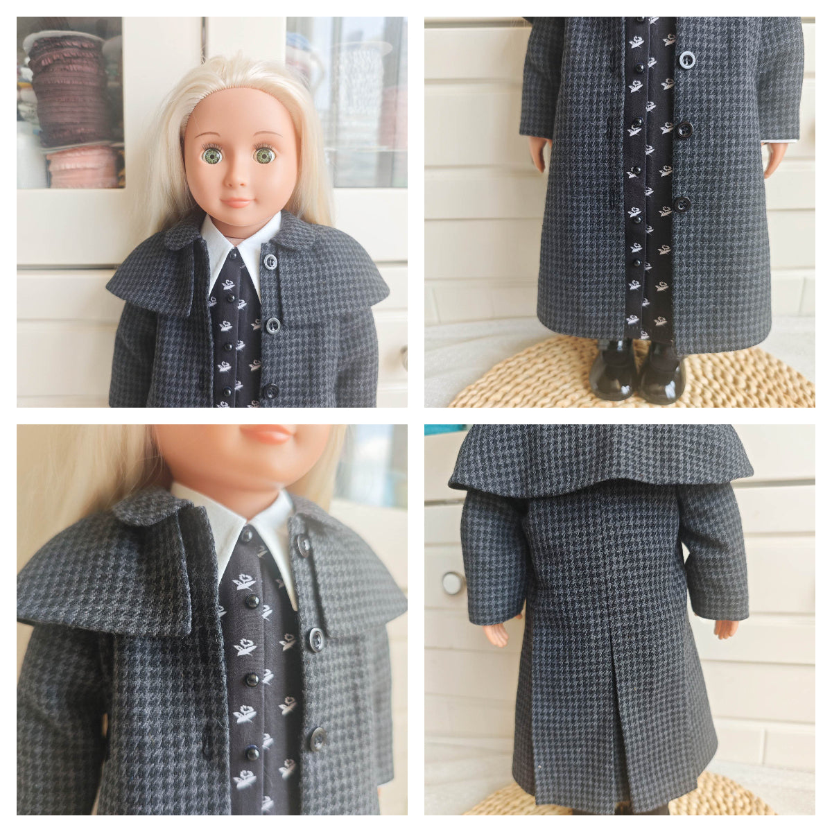 Handmade Wednesday Cosplay Dark Academia Houndstooth Coat  for 18 Inch Dolls