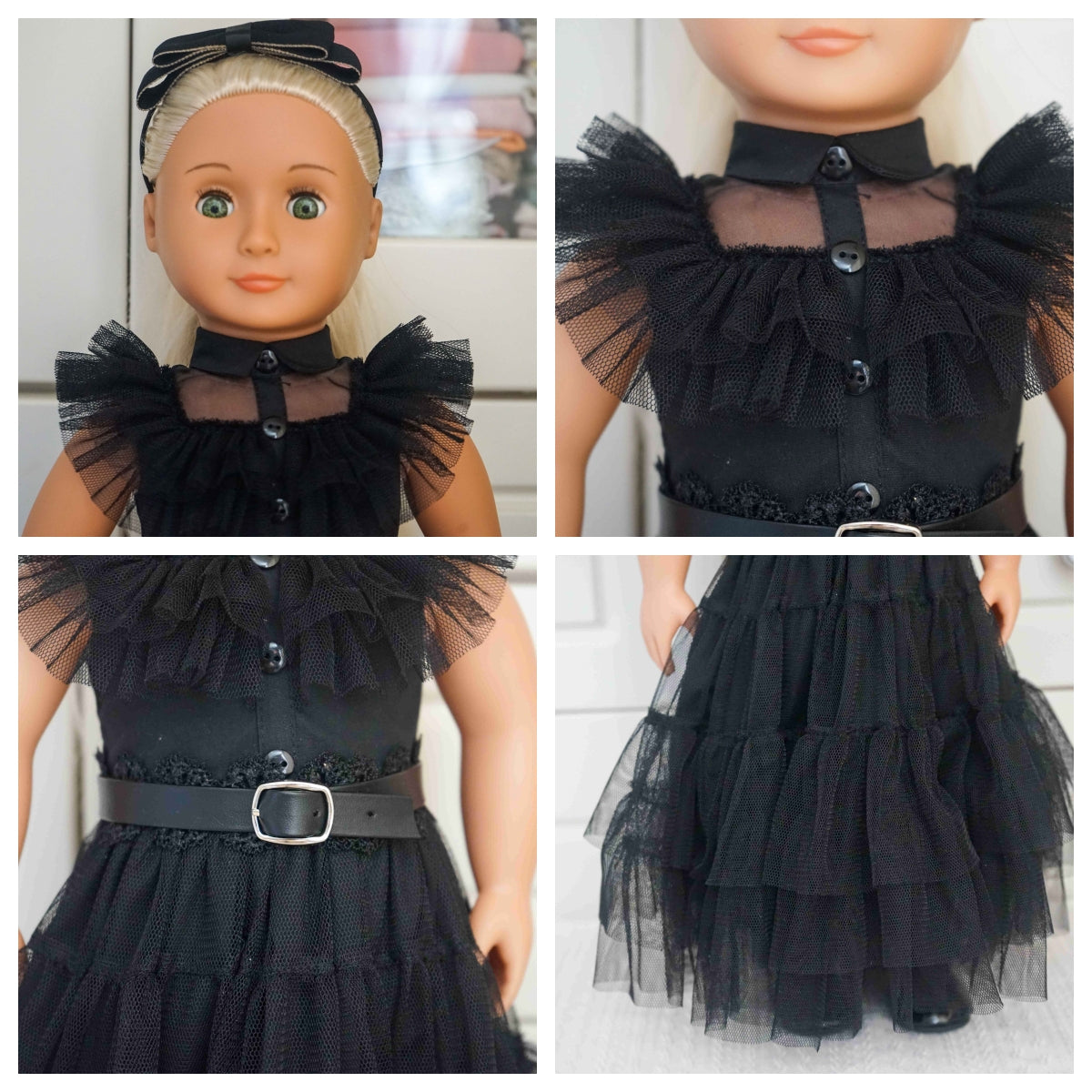 5Pcs Wednesday Costume Halloween Party Dress Gothic Black Tiered Tulle Dress Set for 18 Inch Dolls