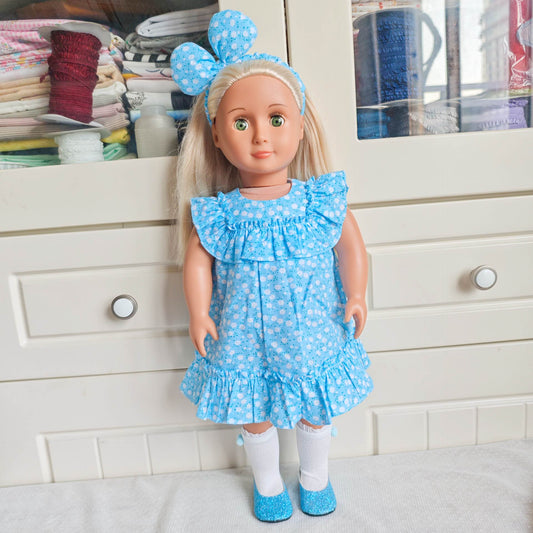 Blue Floral Dress Set with Bow Headband for 18 Inch Dolls