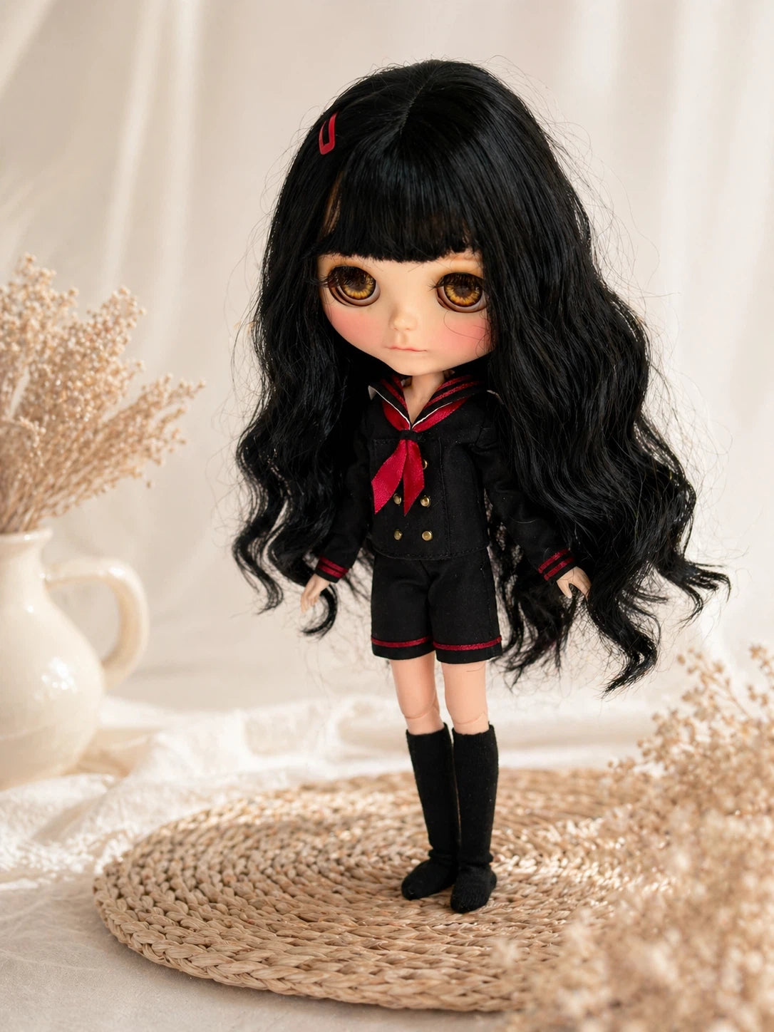 Japanese School Uniform for Blythe Obitsu22 Obitsu24, Handmade Black Sailor Collar Doll Outfit with Red Ribbon and Shorts