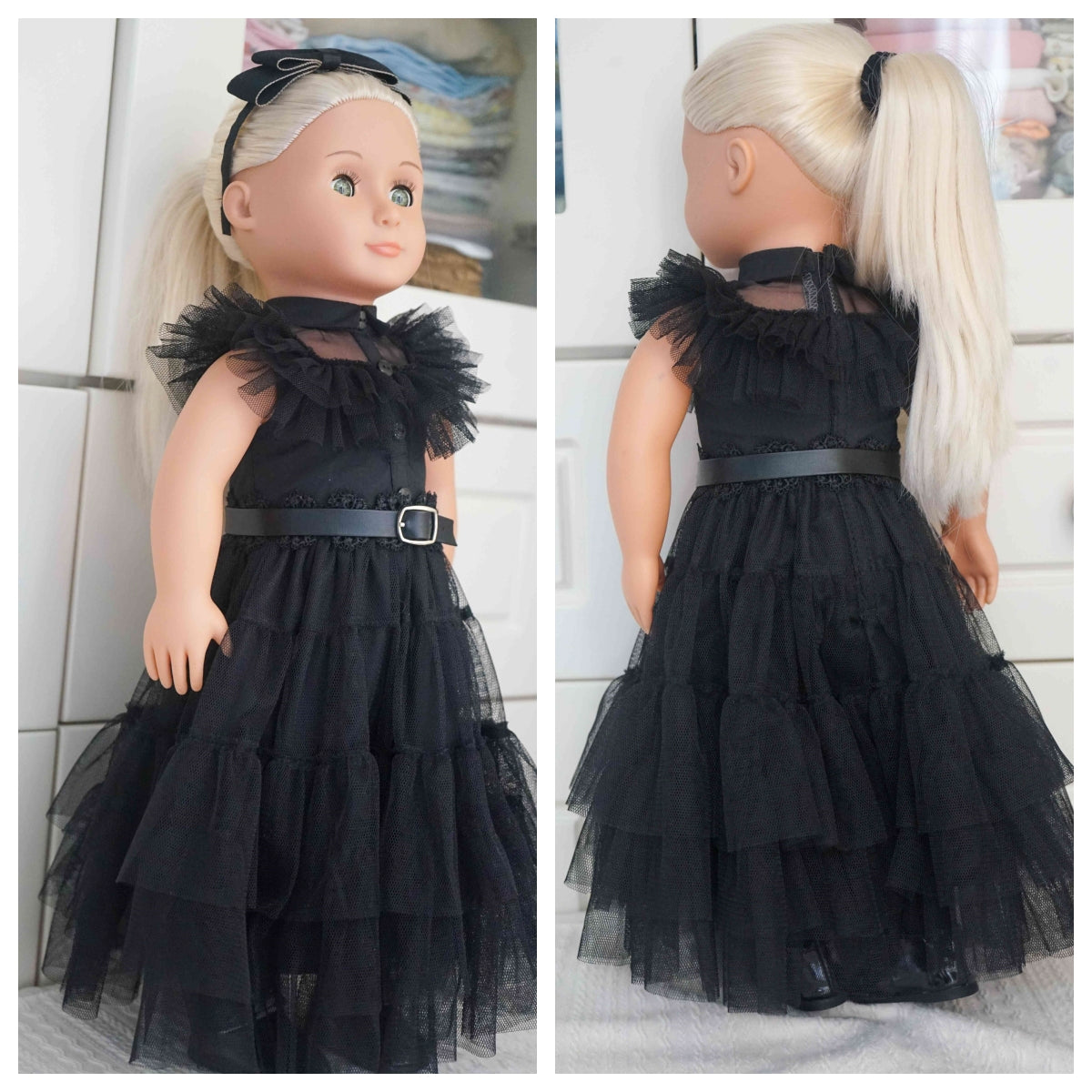 5Pcs Wednesday Costume Halloween Party Dress Gothic Black Tiered Tulle Dress Set for 18 Inch Dolls