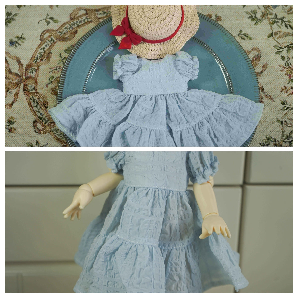 Coquette Bow Print Puff Sleeve Dress for 1/6 BJD YoSD Dolls, Handmade Tiered Doll Dress with Straw Hat and Black Ribbon Belt