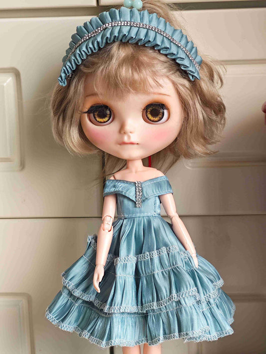 Blue Satin Off-Shoulder Doll Dress Blythe Outfit | Handmade Doll Clothes for OB22 & OB24