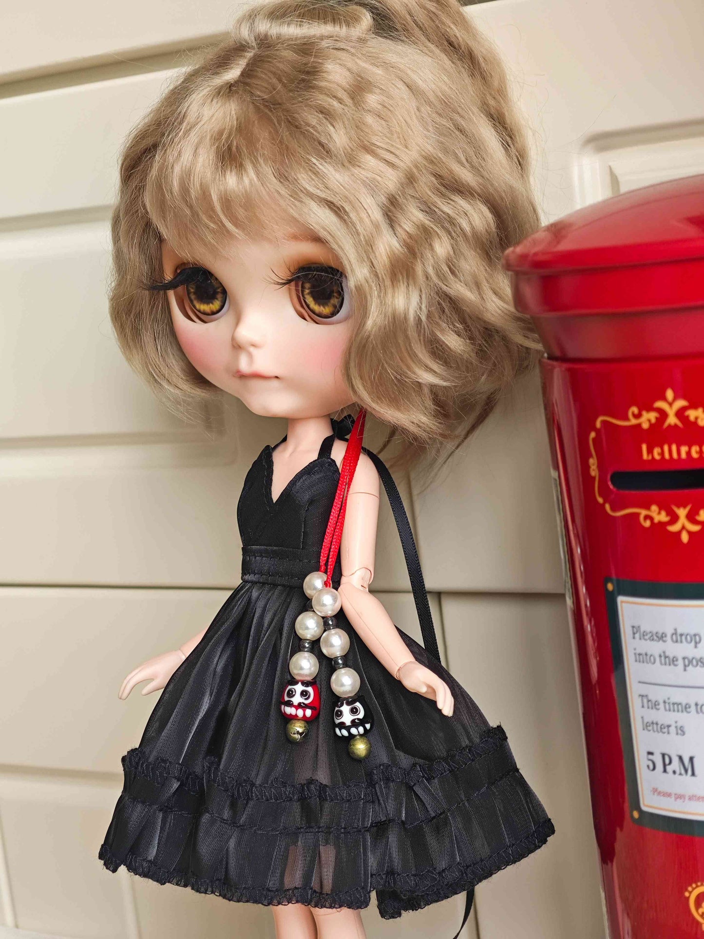 Black V-Neck Layered Ruffle Doll Dress Blythe Outfit | Handmade Doll Clothes for OB22 & OB24