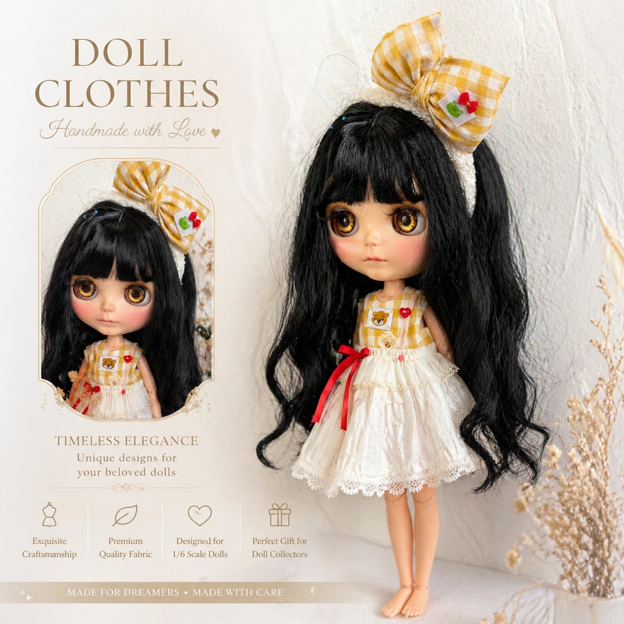 Honey Teddy Lace Dress Blythe Outfit | Handmade Doll Clothes for OB22 & OB24