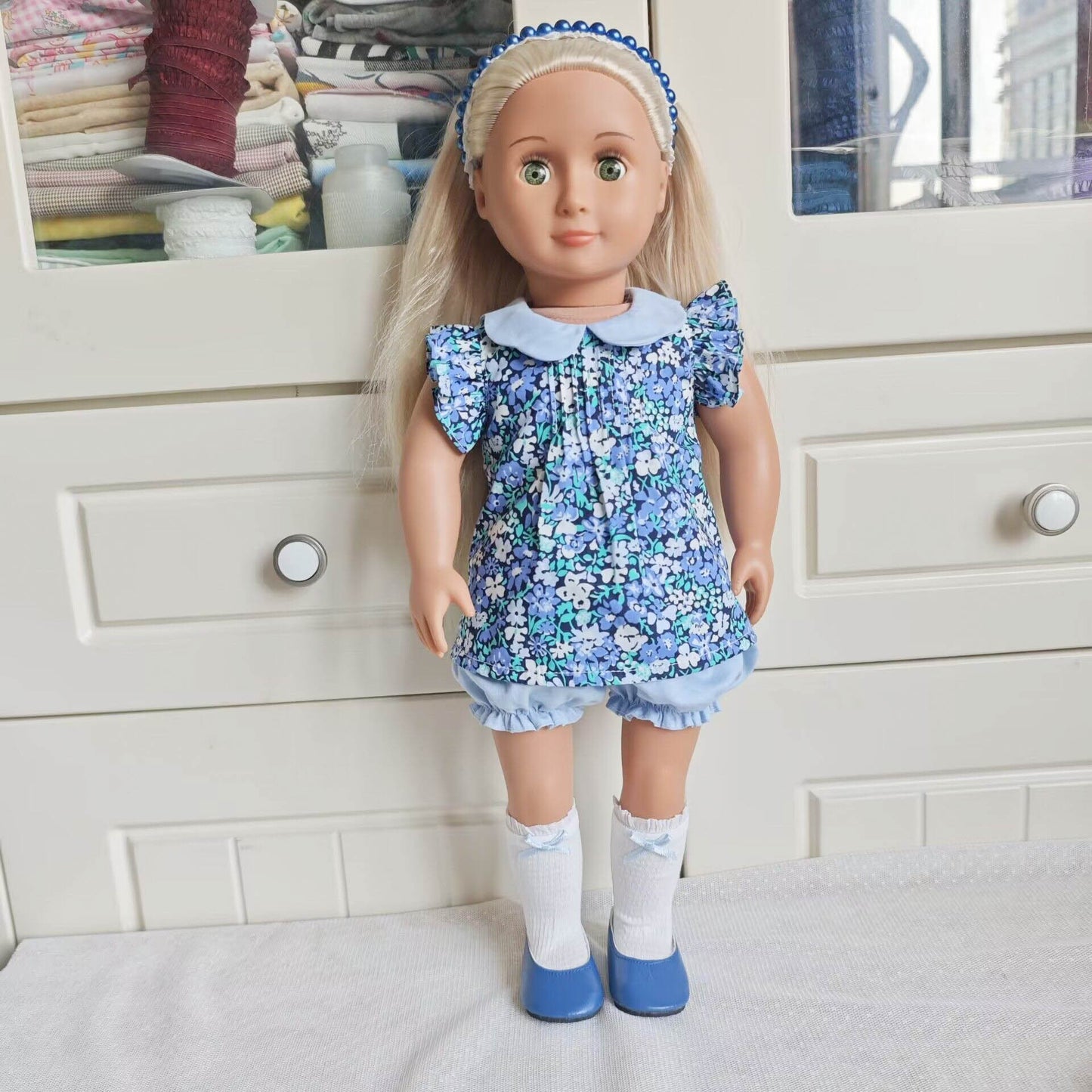 Blue Floral Dress Set with Bow Headband for 18 Inch Dolls