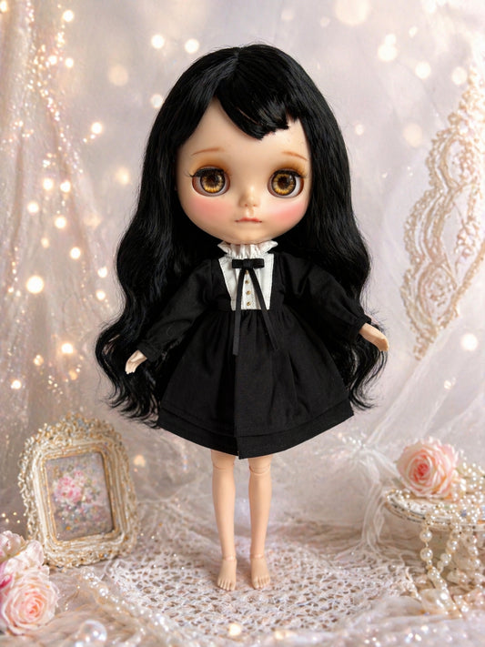 Black Long Sleeve Dress Blythe Outfit | Handmade Doll Clothes for OB22 & OB24