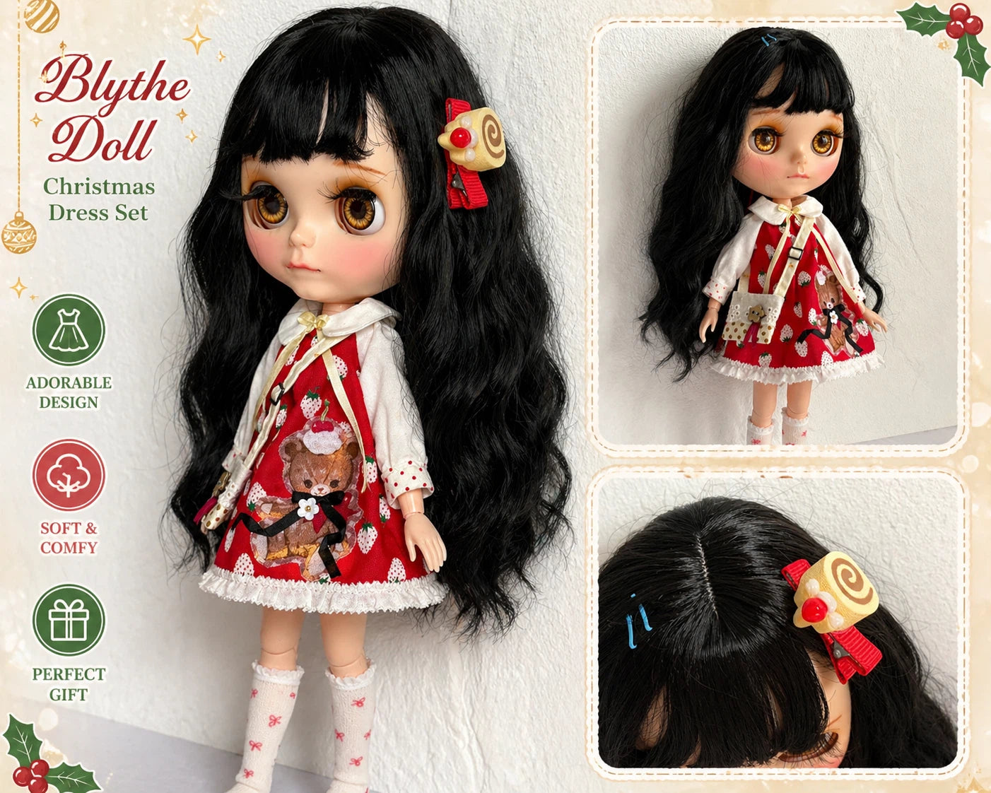 Strawberry Teddy Blythe Outfit | Handmade Doll Clothes for OB22 & OB24