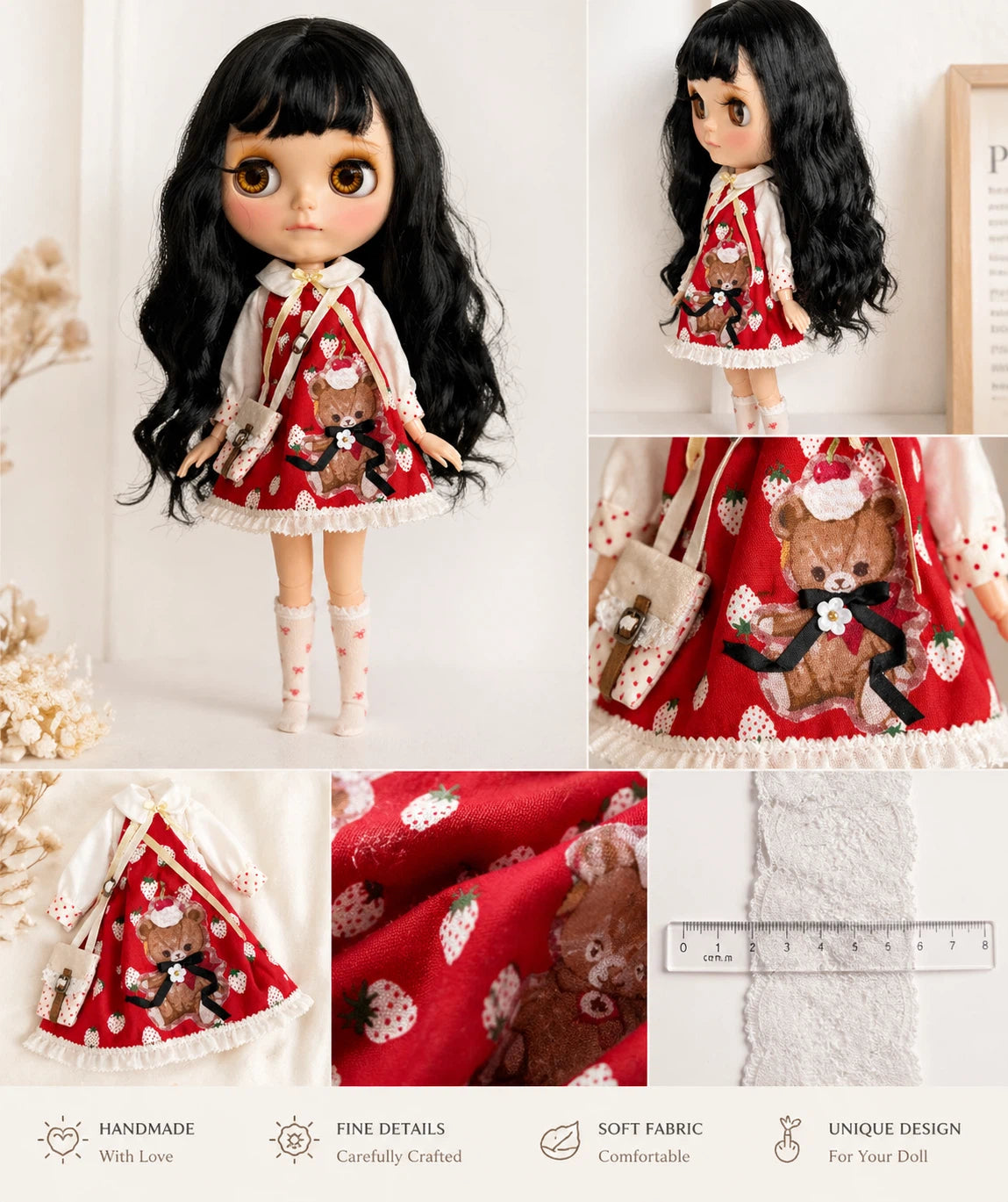 Strawberry Teddy Blythe Outfit | Handmade Doll Clothes for OB22 & OB24