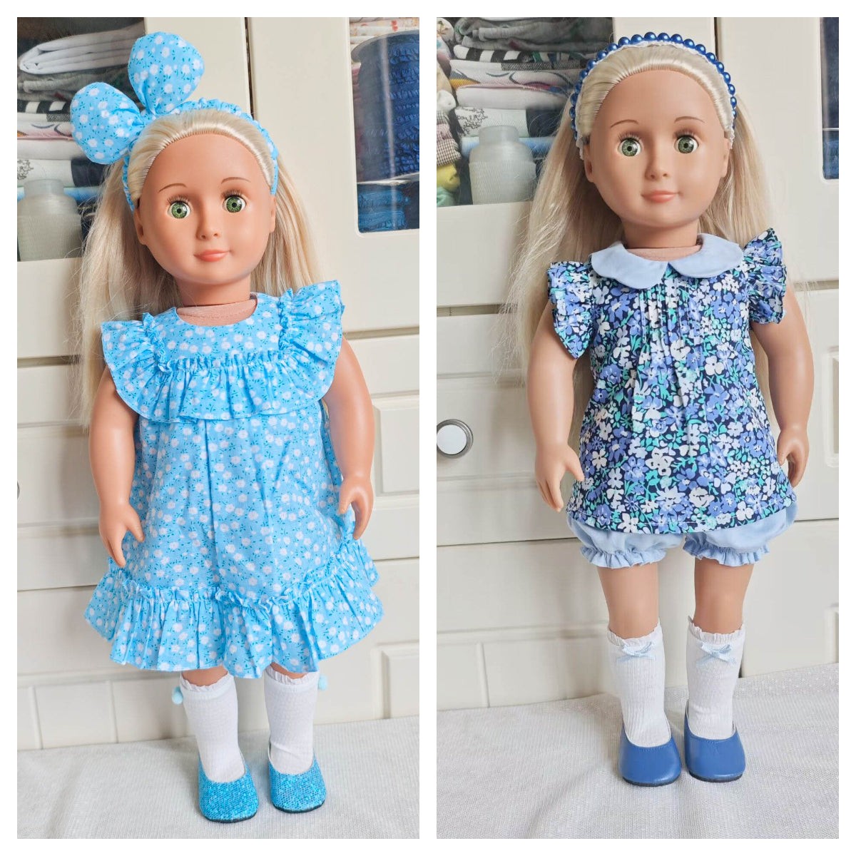 Blue Floral Dress Set with Bow Headband for 18 Inch Dolls
