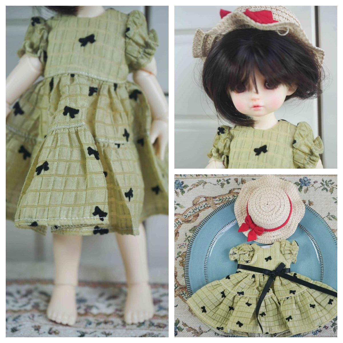 Coquette Bow Print Puff Sleeve Dress for 1/6 BJD YoSD Dolls, Handmade Tiered Doll Dress with Straw Hat and Black Ribbon Belt
