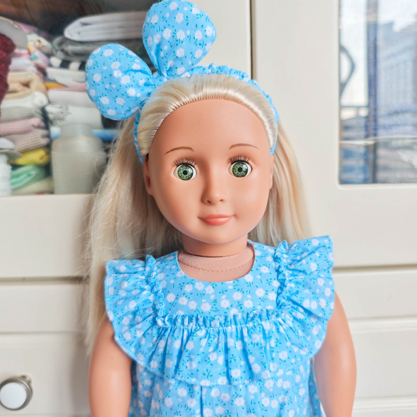 Blue Floral Dress Set with Bow Headband for 18 Inch Dolls