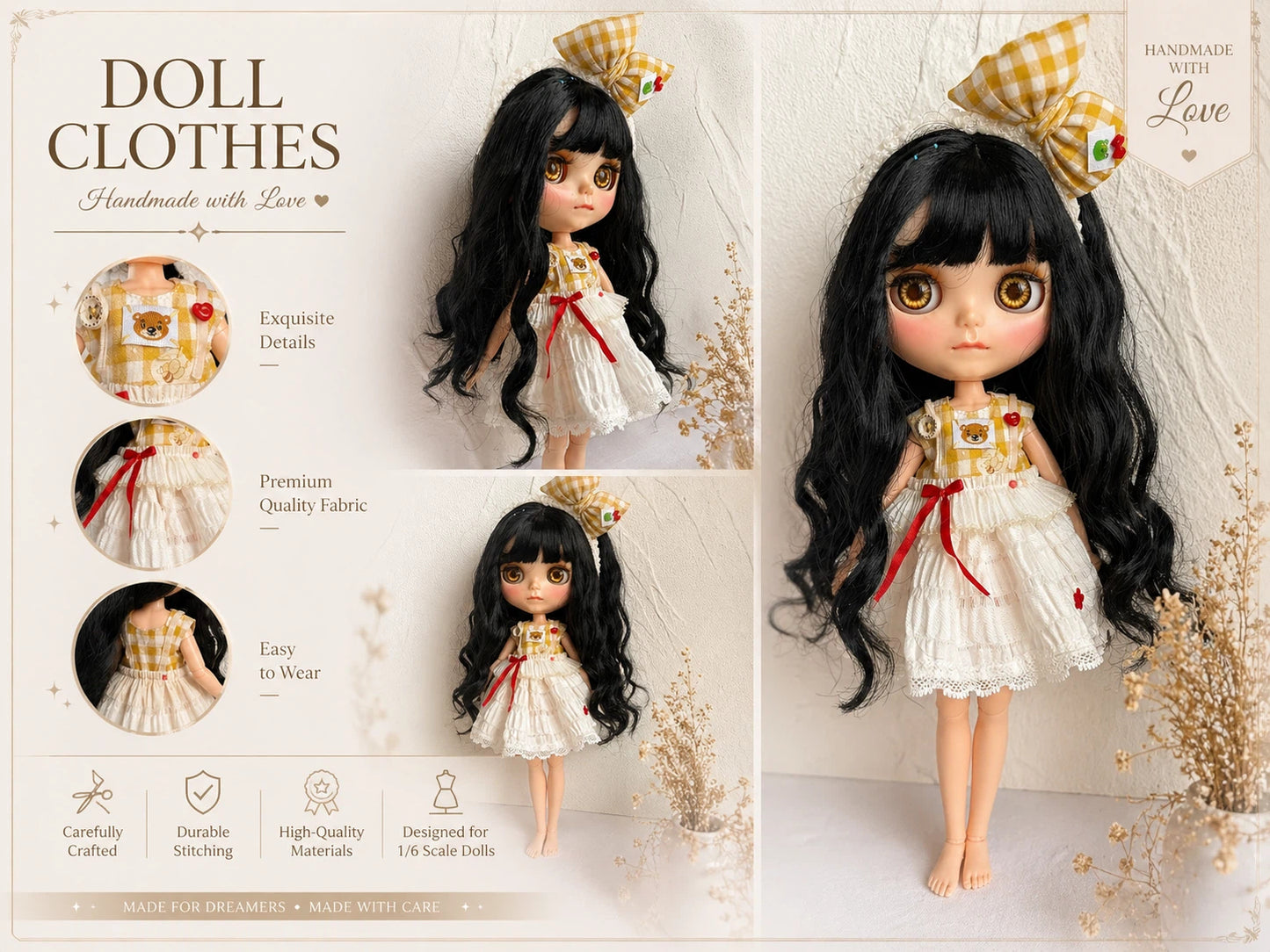 Honey Teddy Lace Dress Blythe Outfit | Handmade Doll Clothes for OB22 & OB24