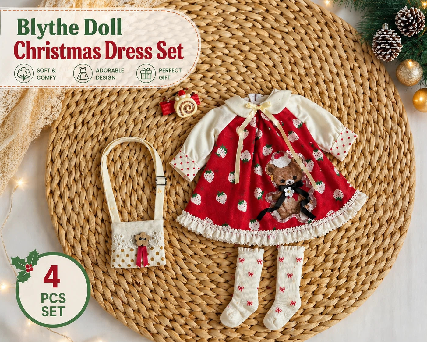 Strawberry Teddy Blythe Outfit | Handmade Doll Clothes for OB22 & OB24