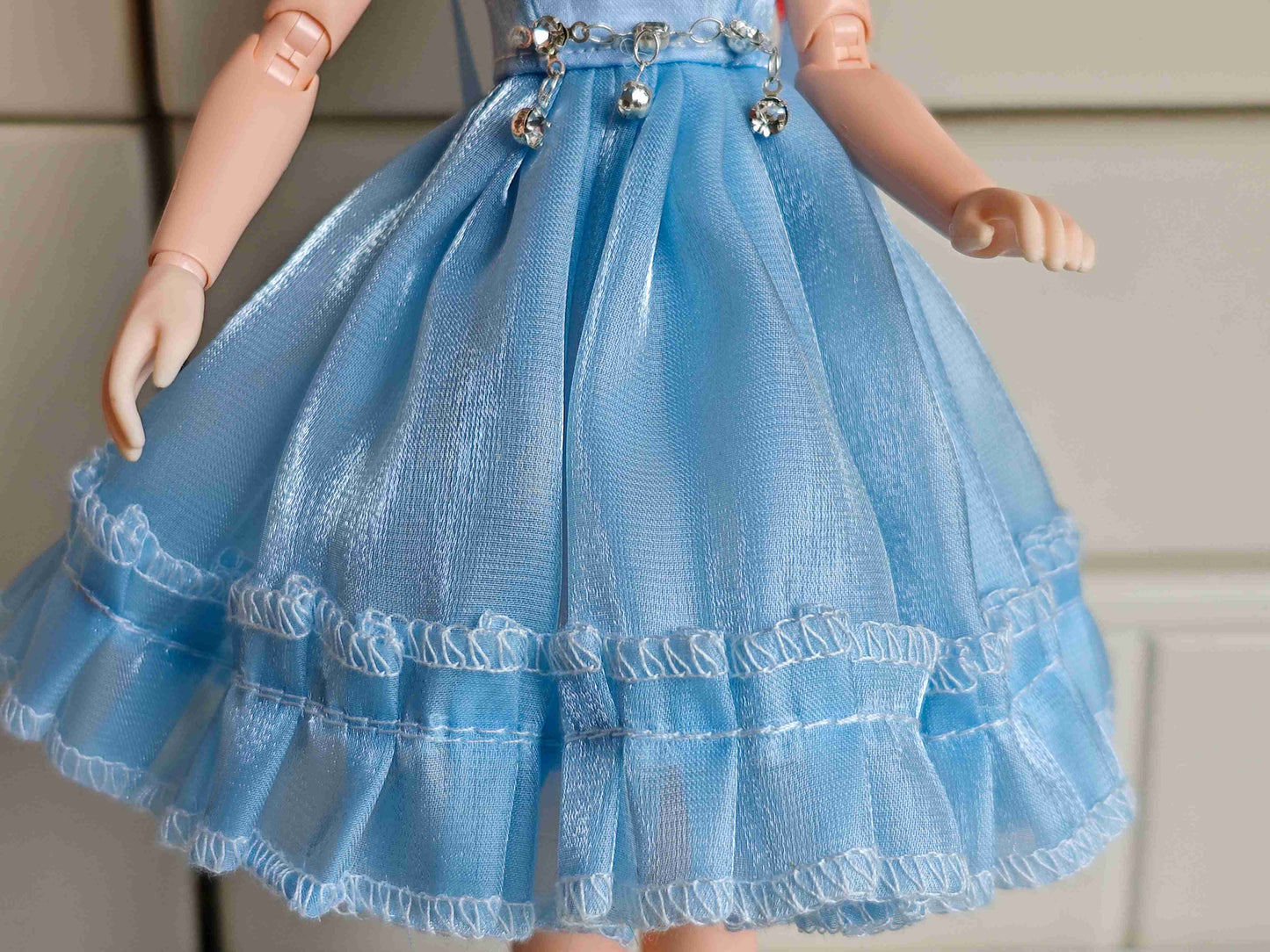 Blue Cross-Strap Ruffle Doll Dress Blythe Outfit | Handmade Doll Clothes for OB22 & OB24