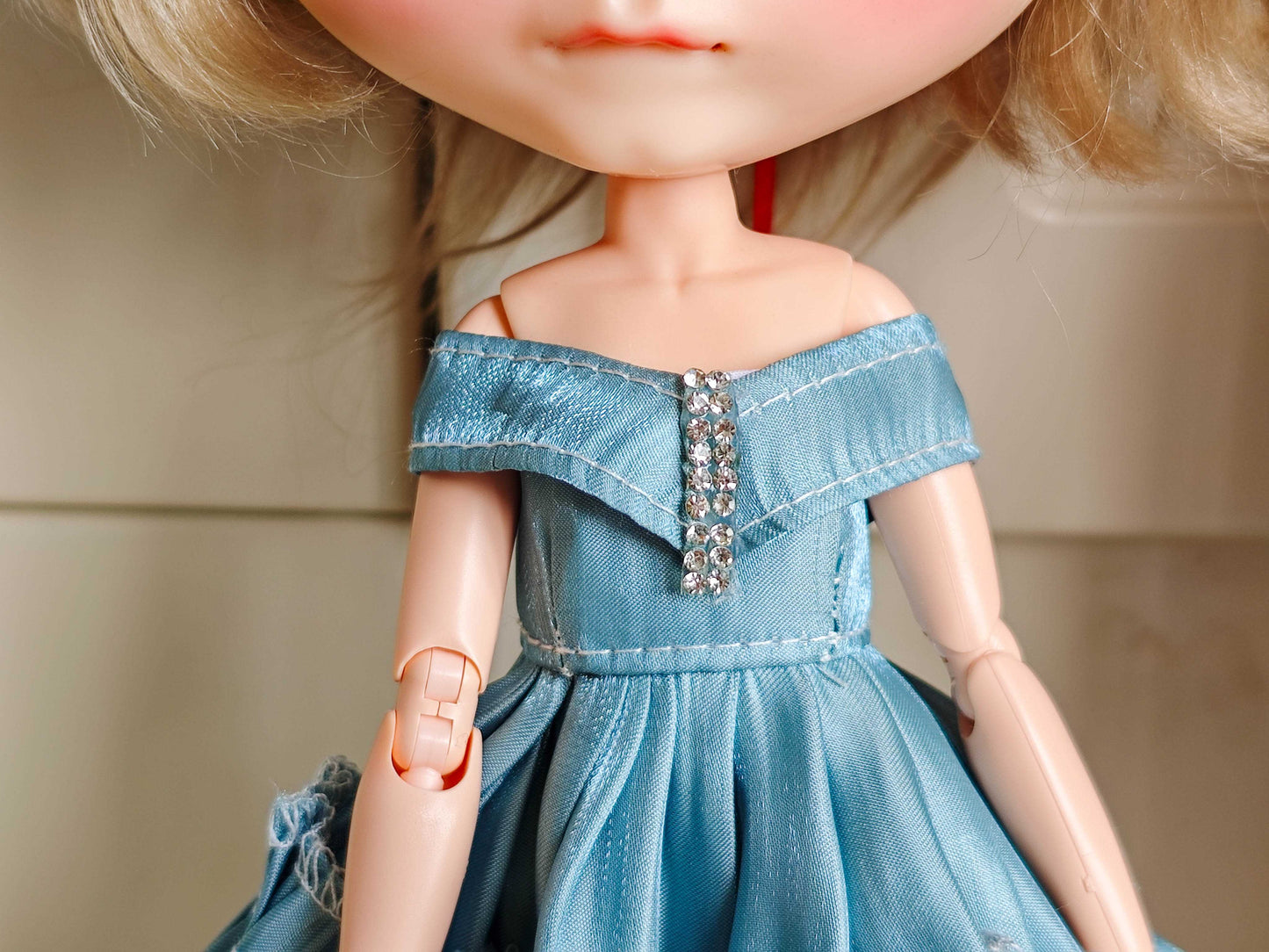 Blue Satin Off-Shoulder Doll Dress Blythe Outfit | Handmade Doll Clothes for OB22 & OB24
