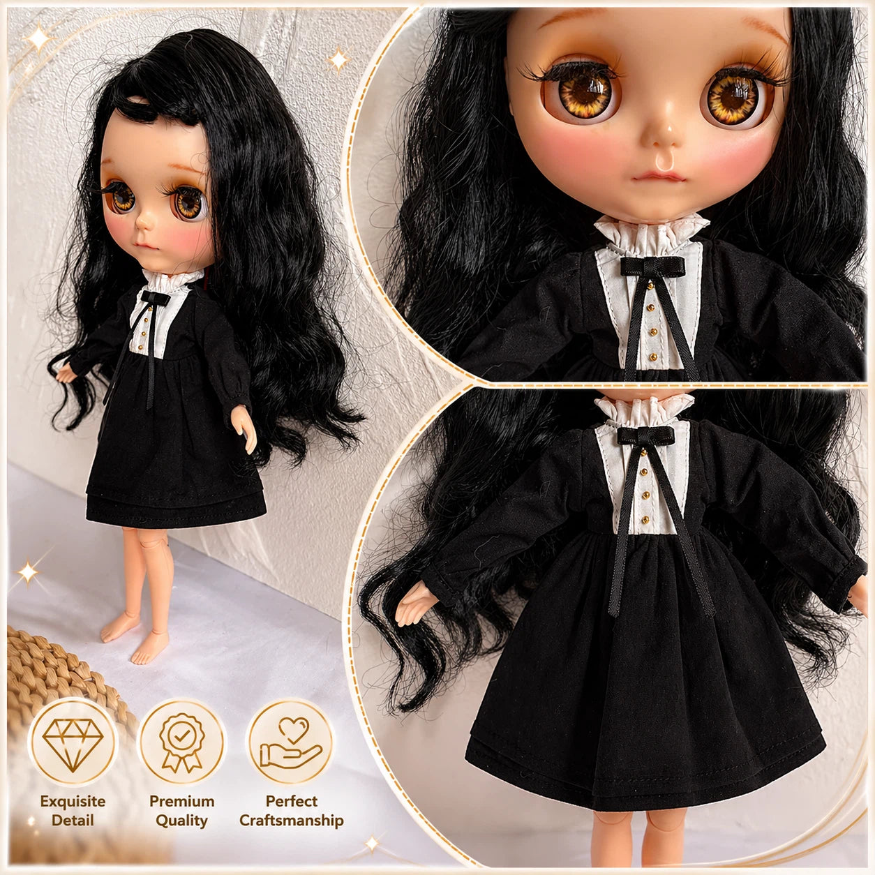 Black Long Sleeve Dress Blythe Outfit | Handmade Doll Clothes for OB22 & OB24