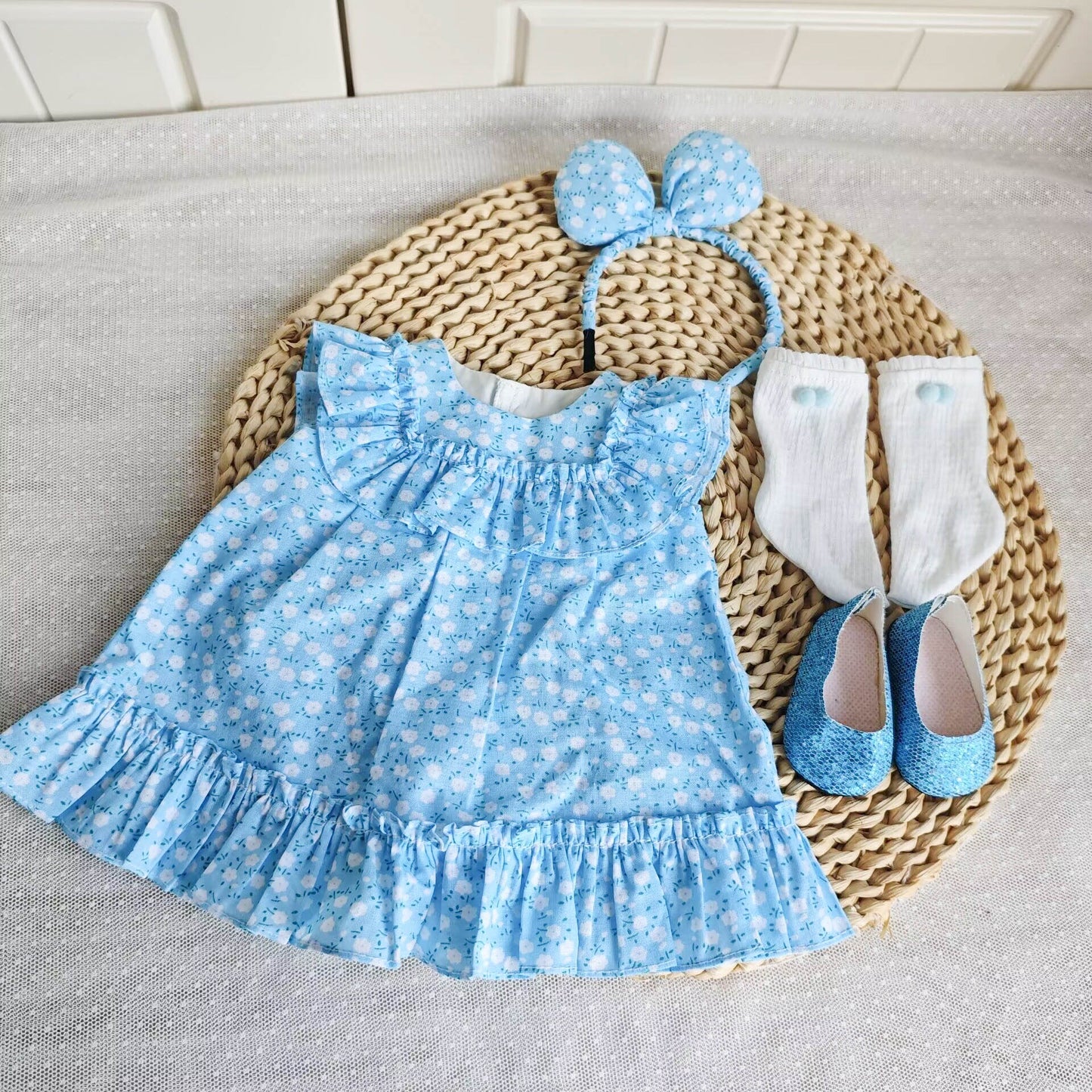 Blue Floral Dress Set with Bow Headband for 18 Inch Dolls