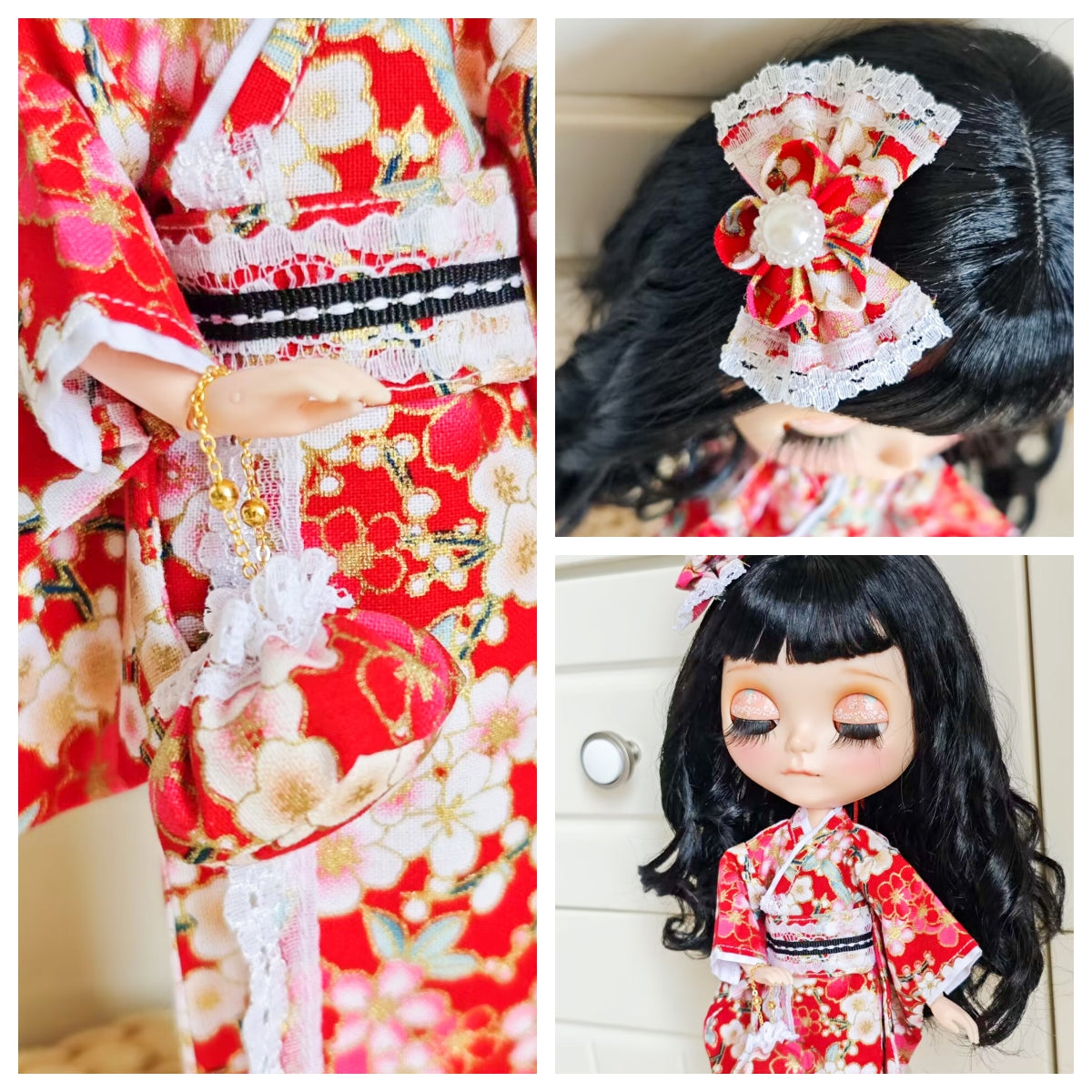 Sakura Blossom japanese Kimono Blythe Outfit | Handmade Doll Clothes for OB22 & OB24