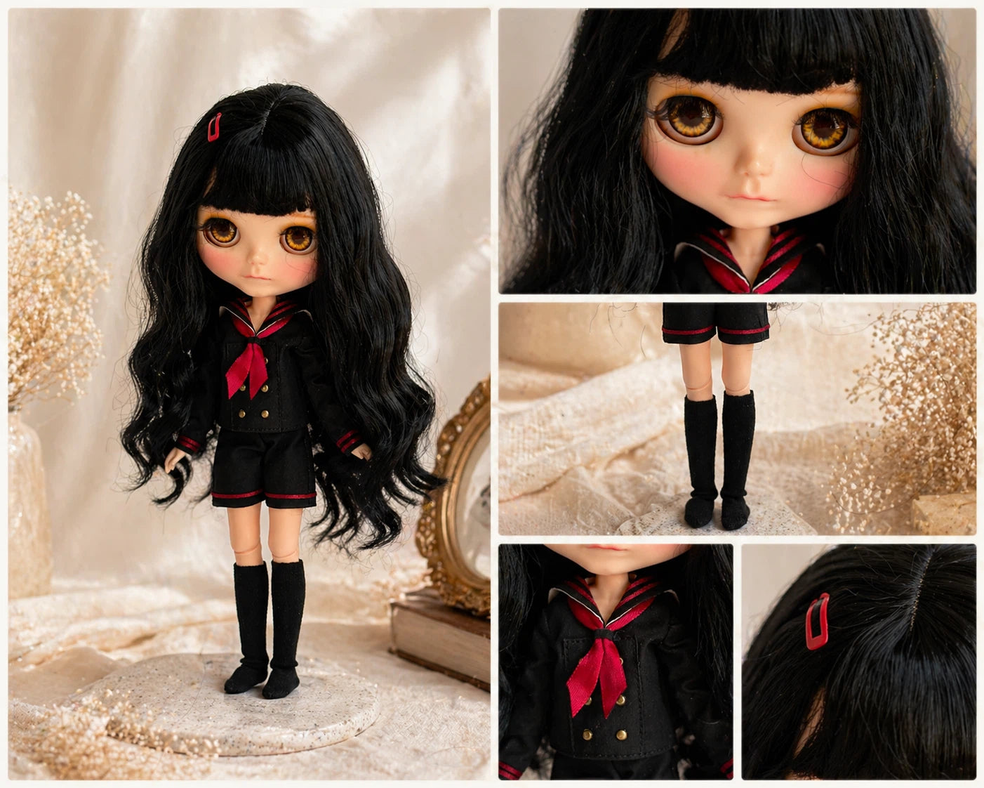 Japanese School Uniform for Blythe Obitsu22 Obitsu24, Handmade Black Sailor Collar Doll Outfit with Red Ribbon and Shorts