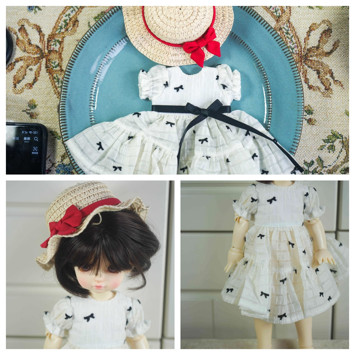 Coquette Bow Print Puff Sleeve Dress for 1/6 BJD YoSD Dolls, Handmade Tiered Doll Dress with Straw Hat and Black Ribbon Belt