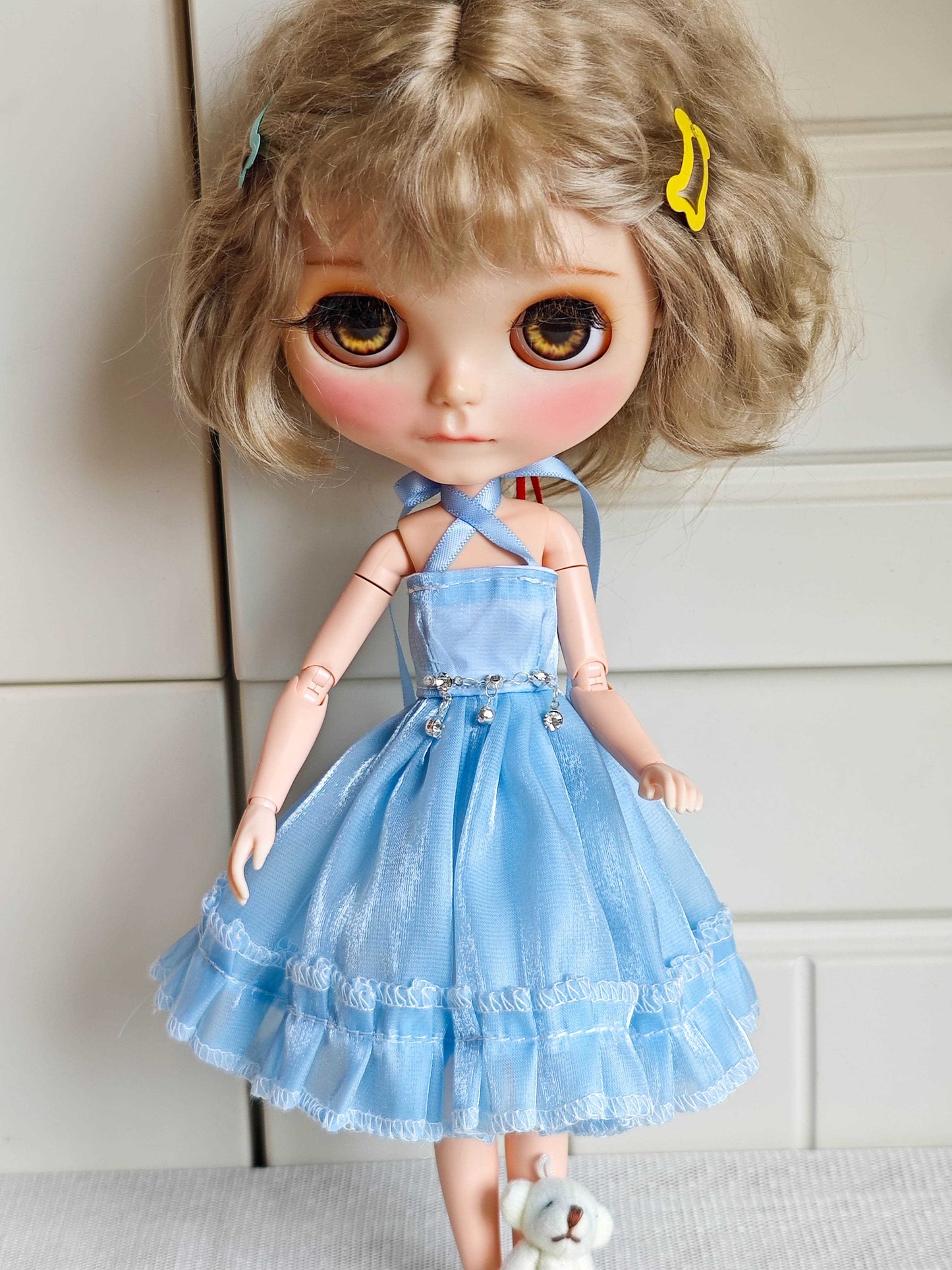 Blue Cross-Strap Ruffle Doll Dress Blythe Outfit | Handmade Doll Clothes for OB22 & OB24