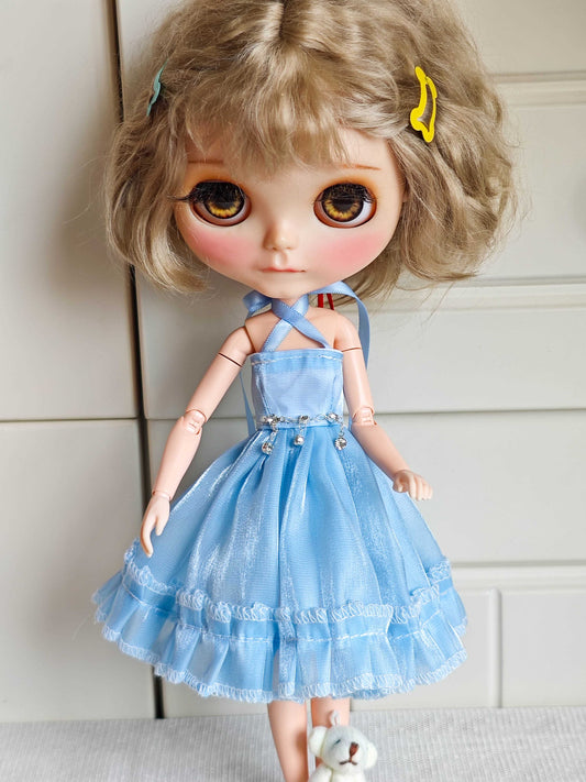 Blue Cross-Strap Ruffle Doll Dress Blythe Outfit | Handmade Doll Clothes for OB22 & OB24
