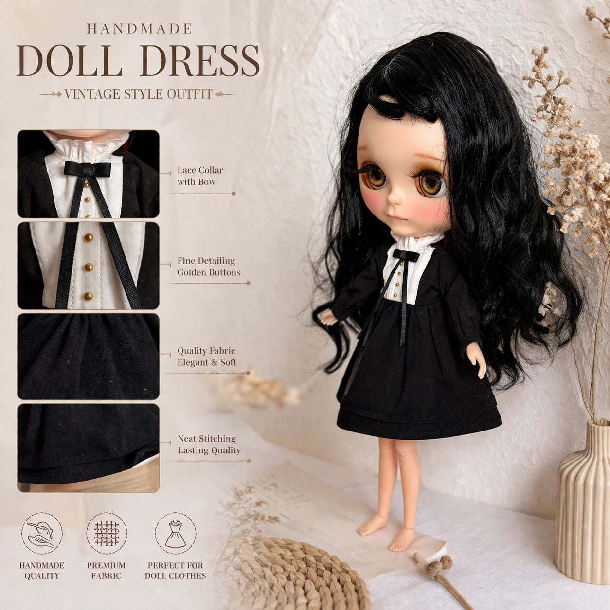 Black Long Sleeve Dress Blythe Outfit | Handmade Doll Clothes for OB22 & OB24