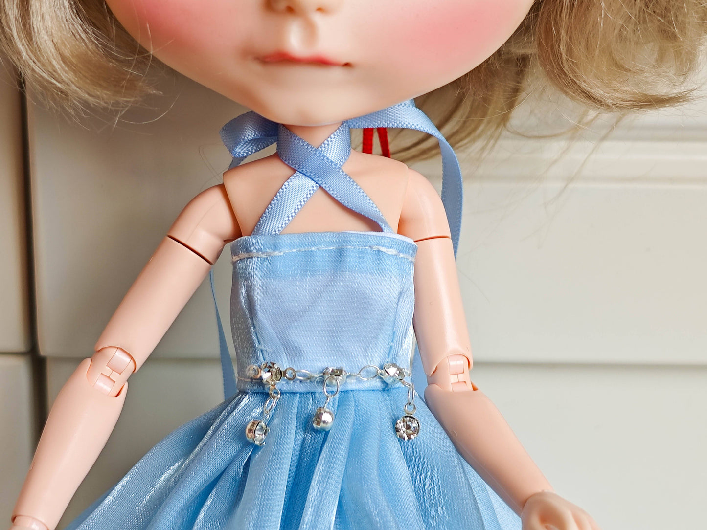 Blue Cross-Strap Ruffle Doll Dress Blythe Outfit | Handmade Doll Clothes for OB22 & OB24