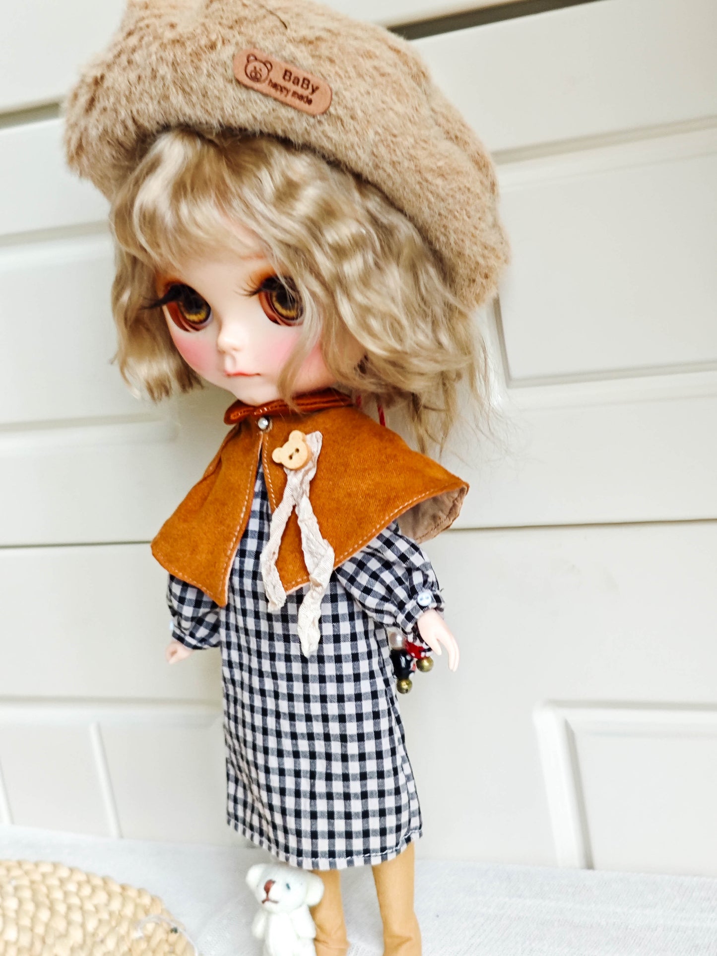 Plaid Dress with Beret & Cape Set  Blythe Outfit | Handmade Doll Clothes for OB22 & OB24