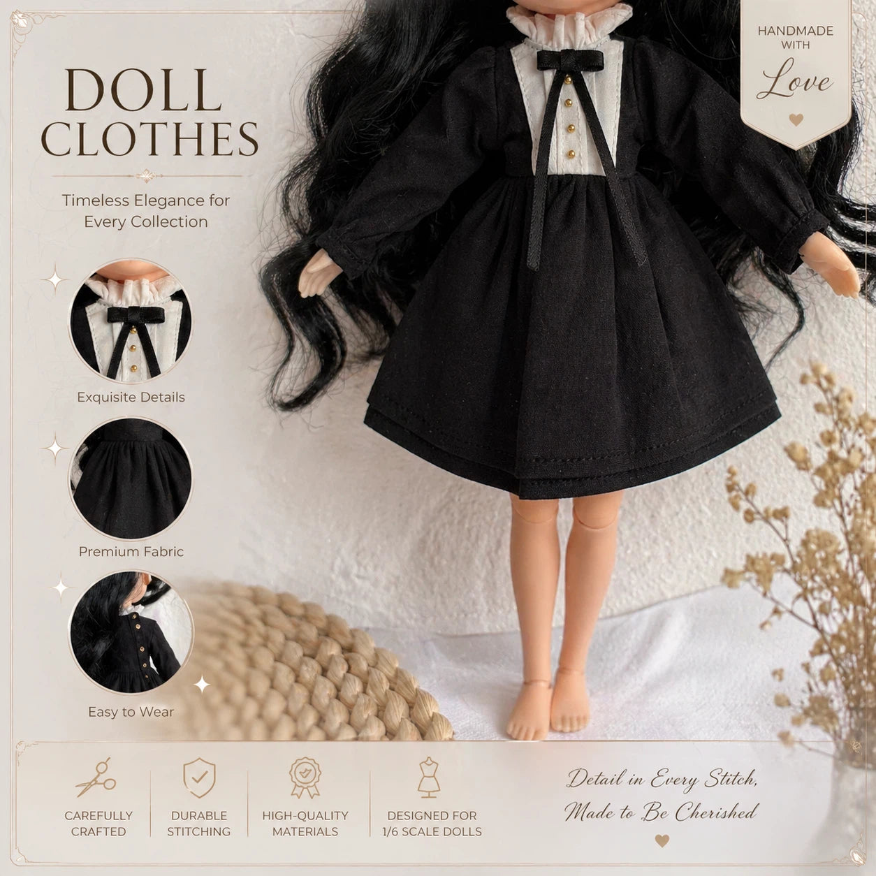 Black Long Sleeve Dress Blythe Outfit | Handmade Doll Clothes for OB22 & OB24