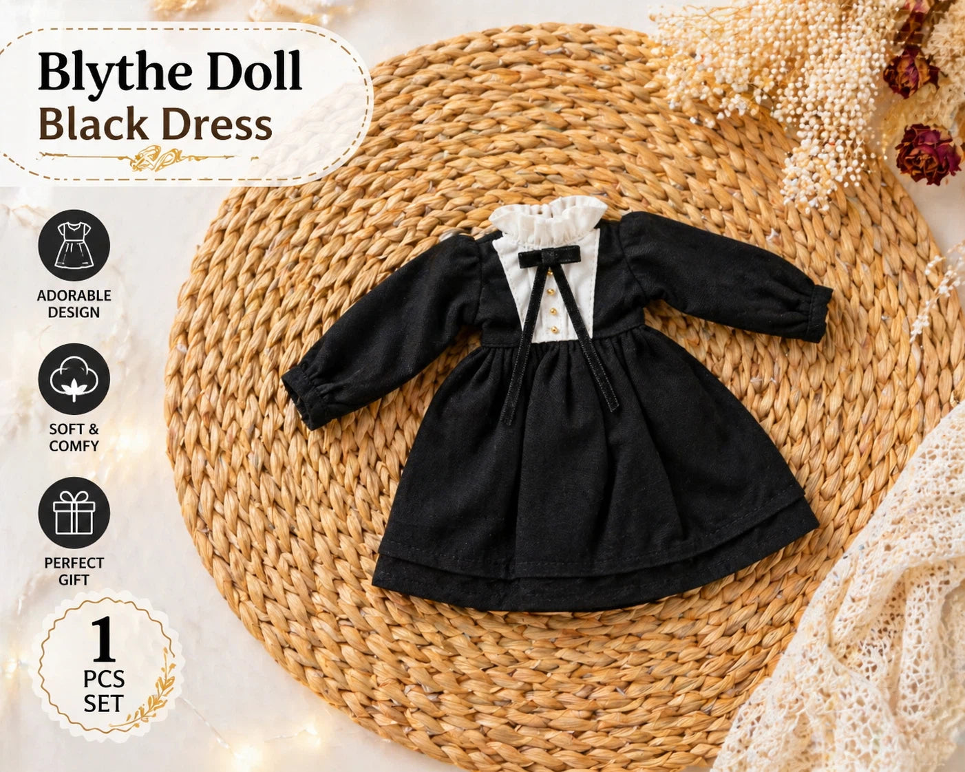 Black Long Sleeve Dress Blythe Outfit | Handmade Doll Clothes for OB22 & OB24