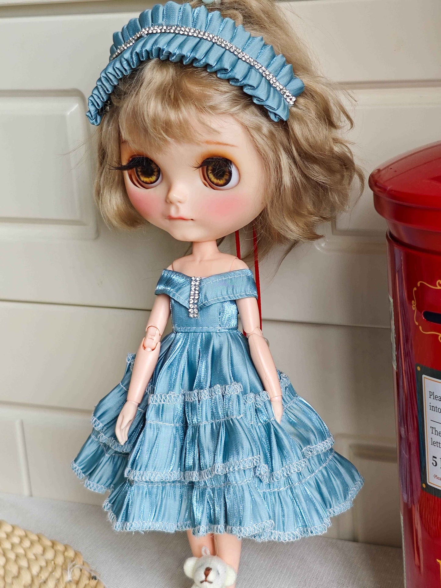 Blue Satin Off-Shoulder Doll Dress Blythe Outfit | Handmade Doll Clothes for OB22 & OB24