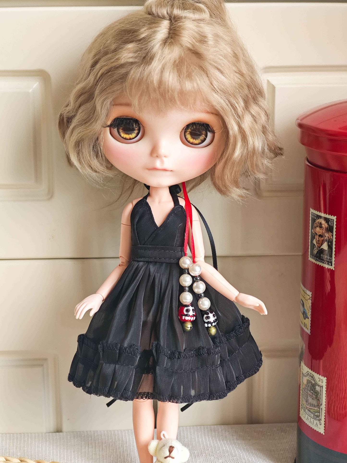 Black V-Neck Layered Ruffle Doll Dress Blythe Outfit | Handmade Doll Clothes for OB22 & OB24