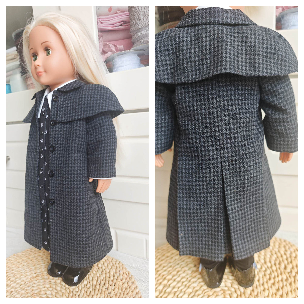 Handmade Wednesday Cosplay Dark Academia Houndstooth Coat  for 18 Inch Dolls